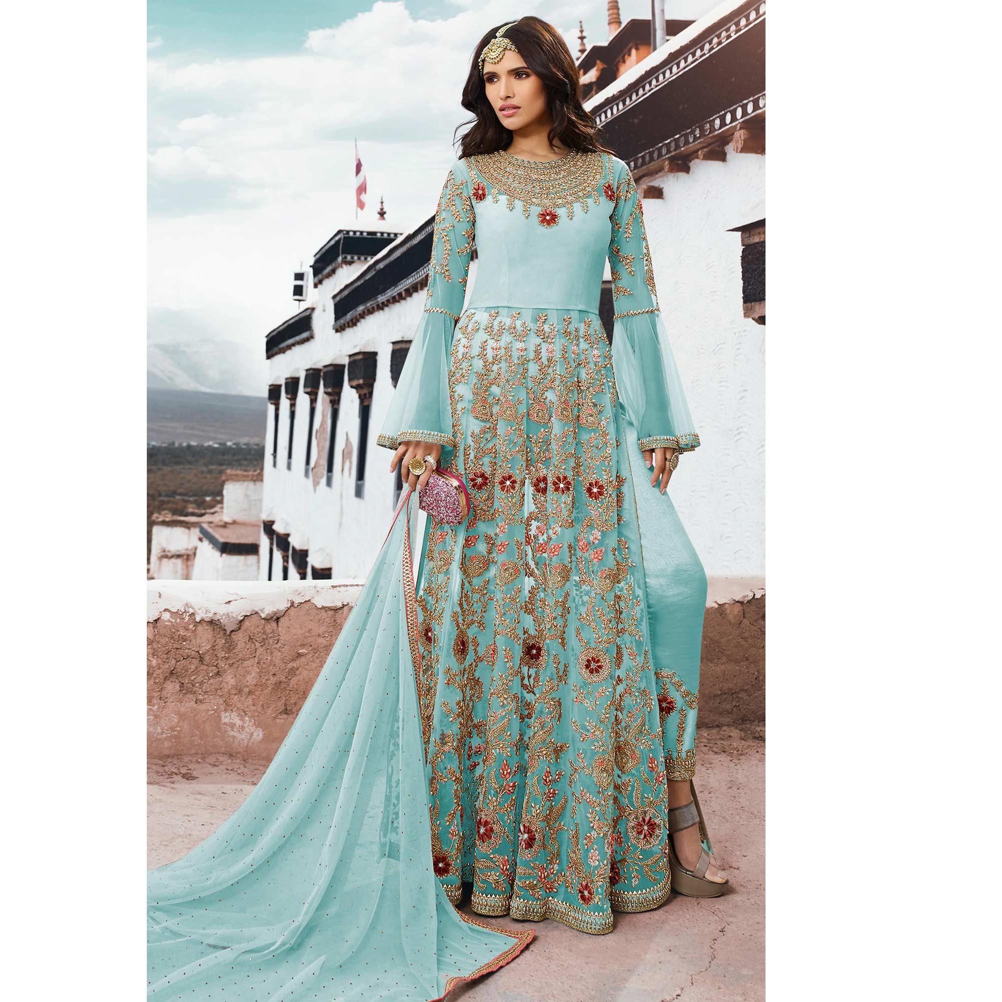 Gorgeous Sky Blue Colored Partywear Embroidered Netted Anarkali Suit - Peachmode