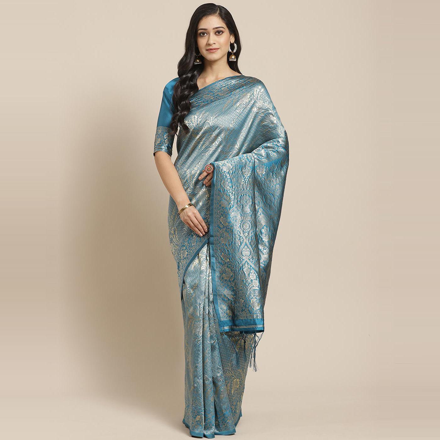 Gorgeous Teal Blue Colored Festive Wear Woven Silk Blend Saree - Peachmode