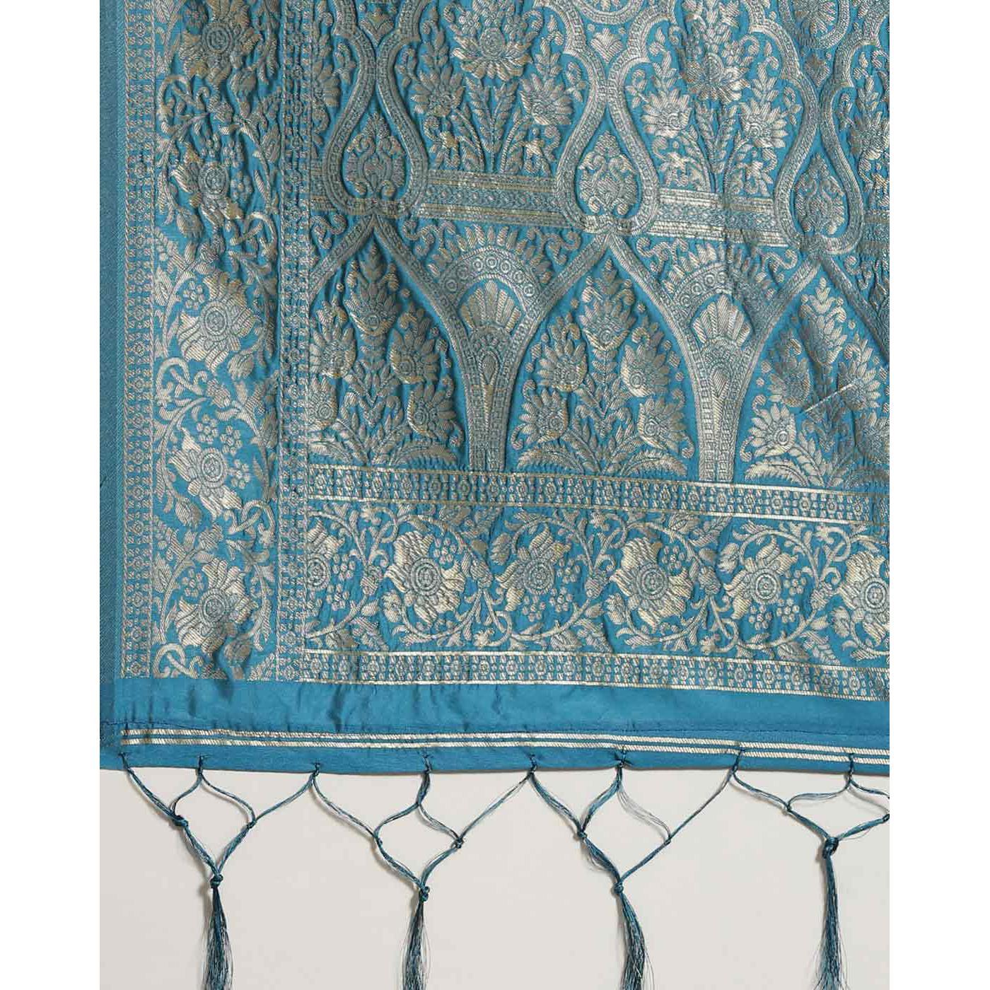 Gorgeous Teal Blue Colored Festive Wear Woven Silk Blend Saree - Peachmode
