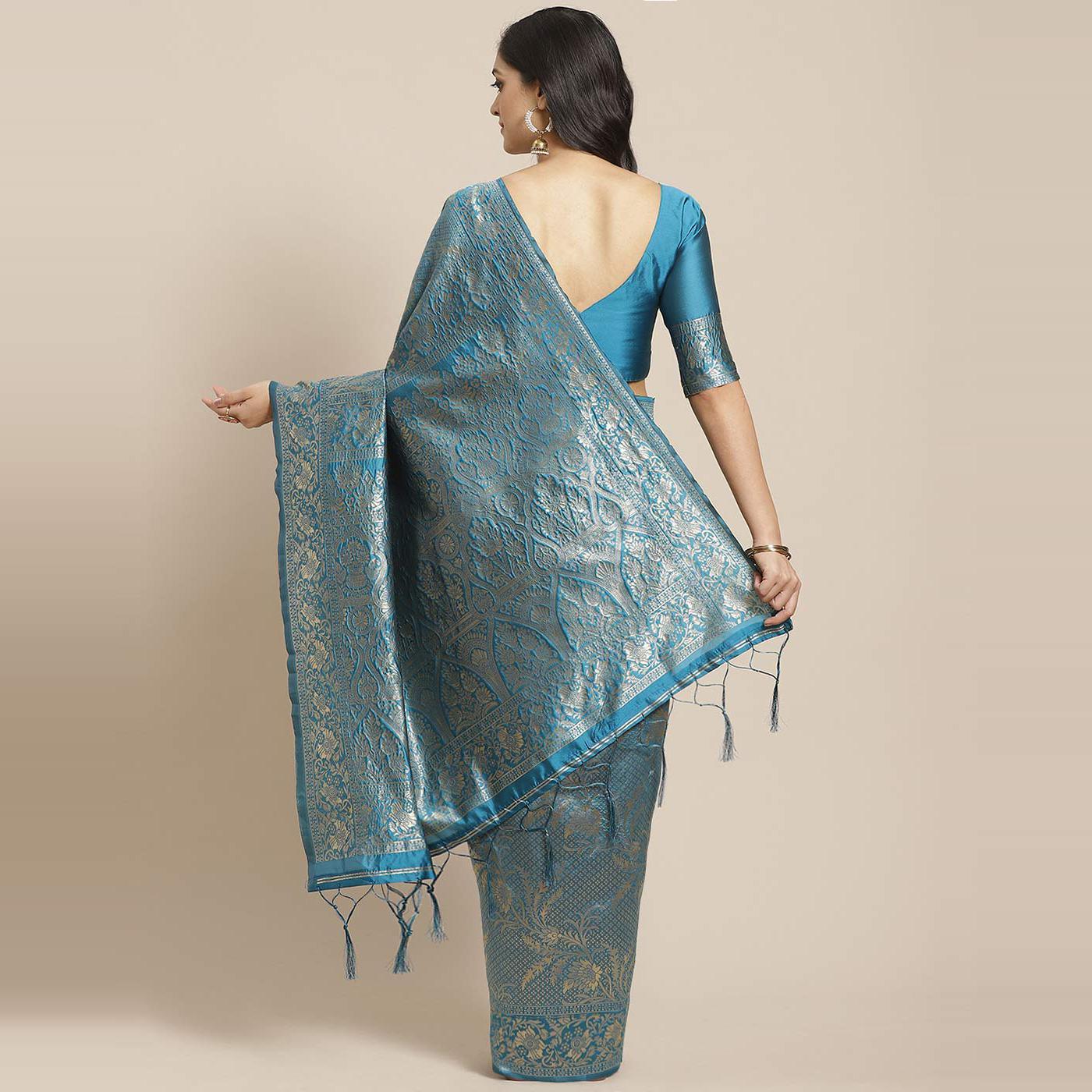 Gorgeous Teal Blue Colored Festive Wear Woven Silk Blend Saree - Peachmode