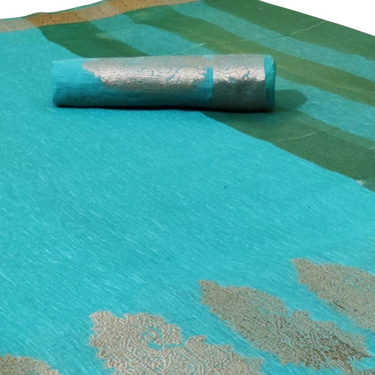 Gorgeous Turquoise Blue Colored Festive Wear Woven Silk Saree - Peachmode