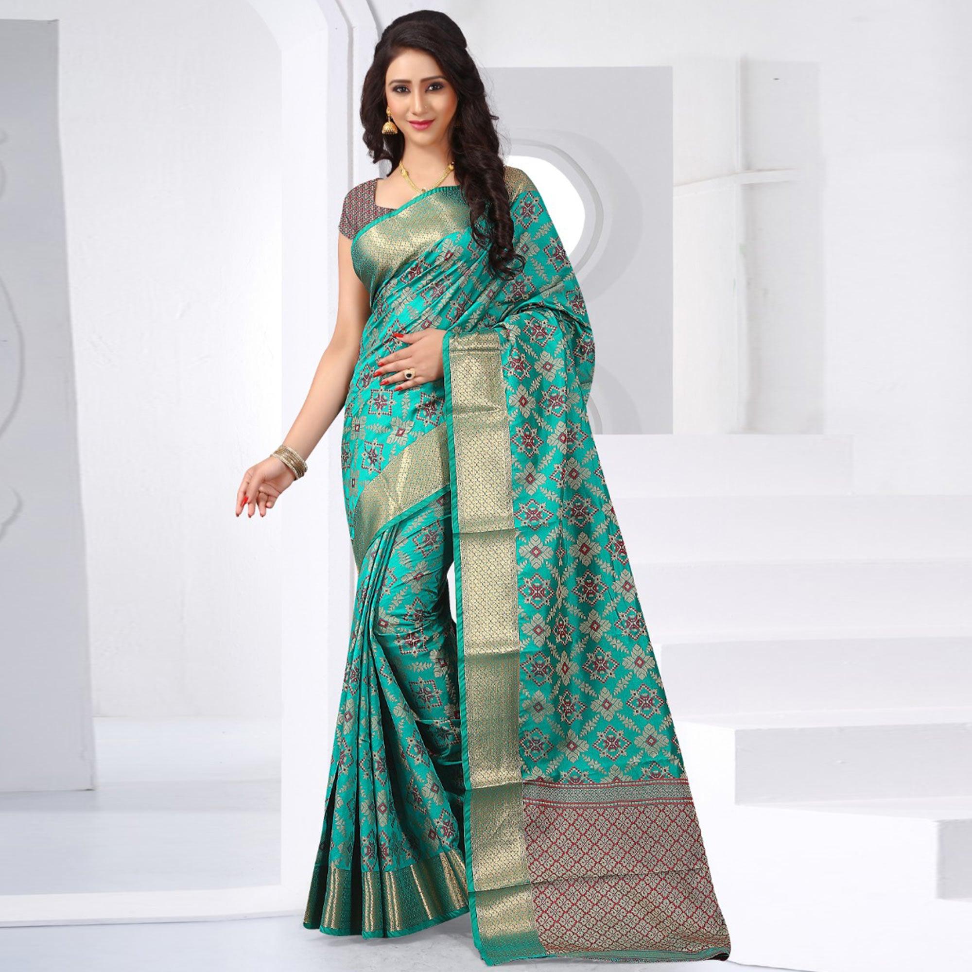 Gorgeous Turquoise Green Colored Festive Wear Woven Banarasi Silk Saree - Peachmode