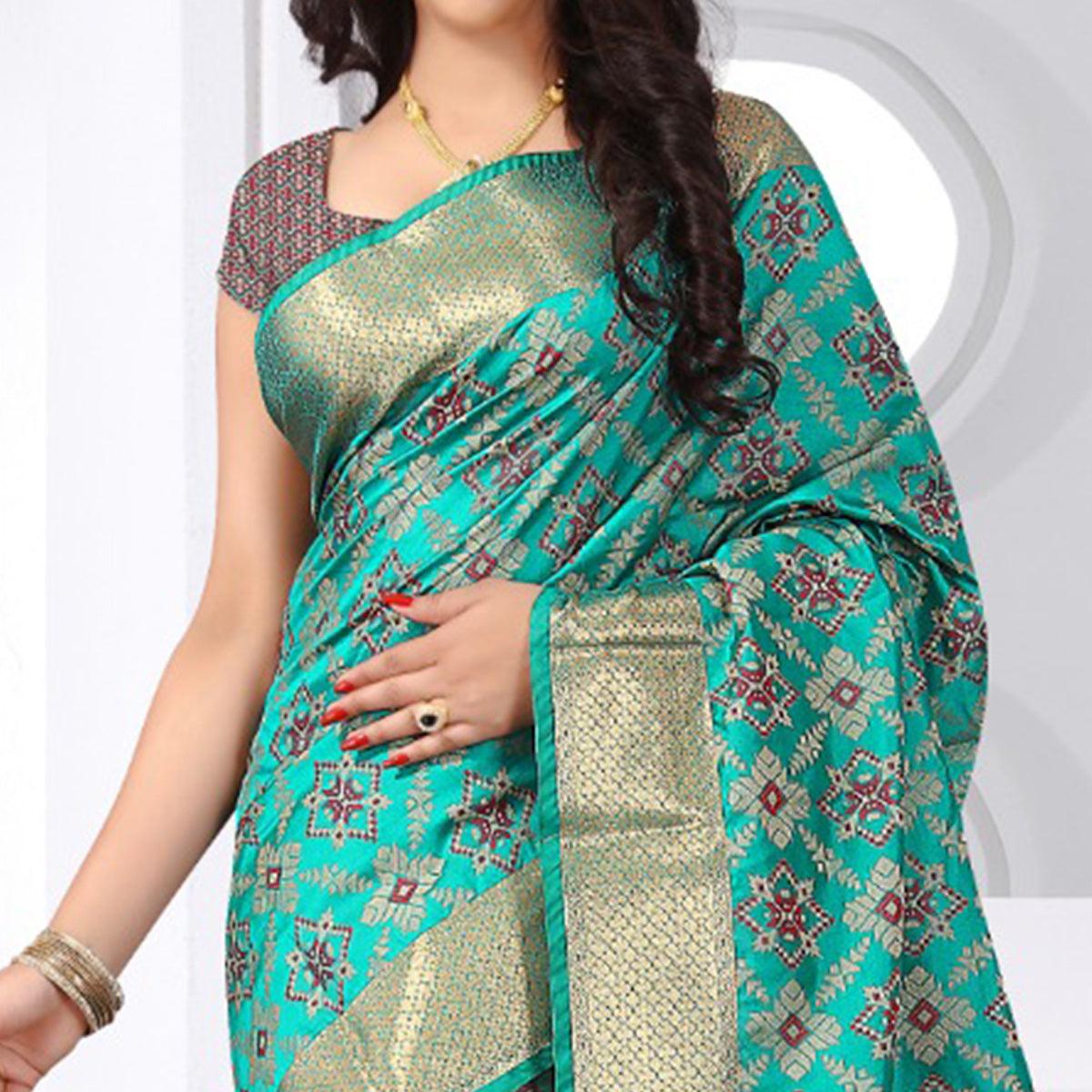 Gorgeous Turquoise Green Colored Festive Wear Woven Banarasi Silk Saree - Peachmode