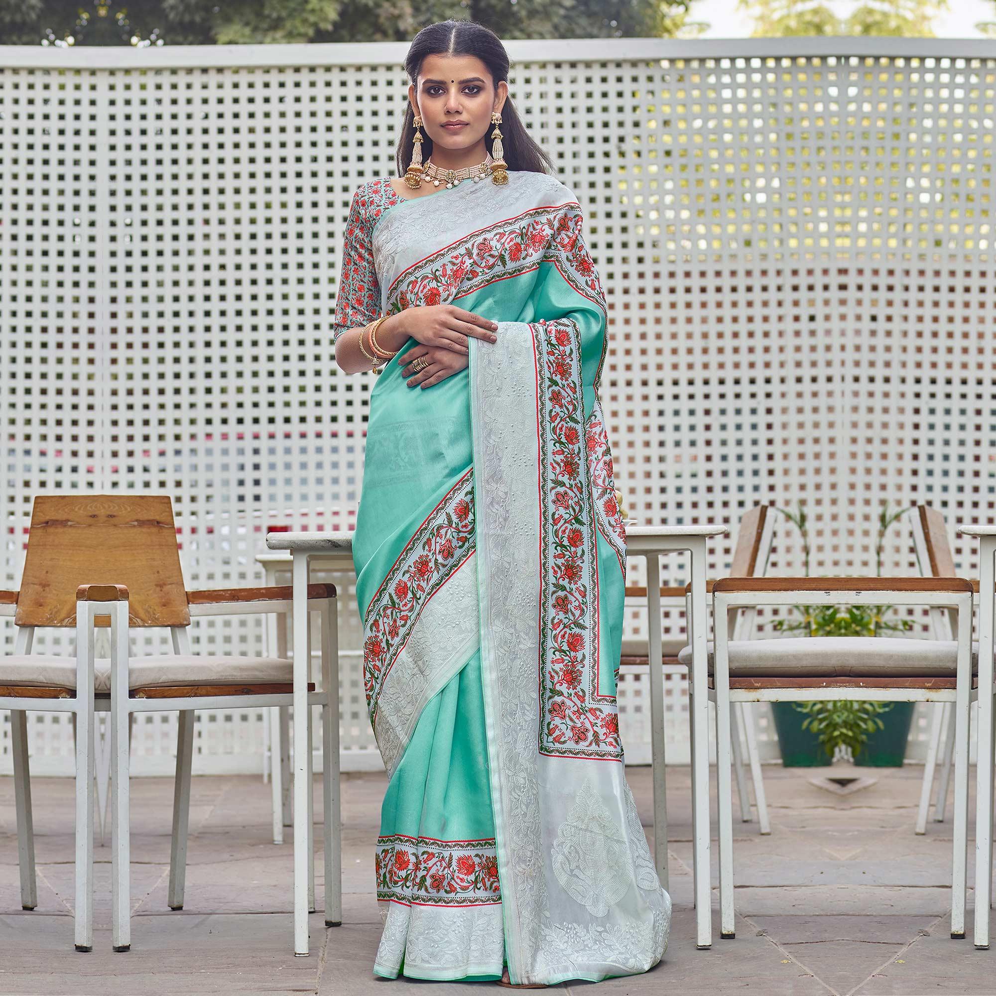 Gorgeous Turquoise Green Colored Partywear Embroidered Silk Saree - Peachmode