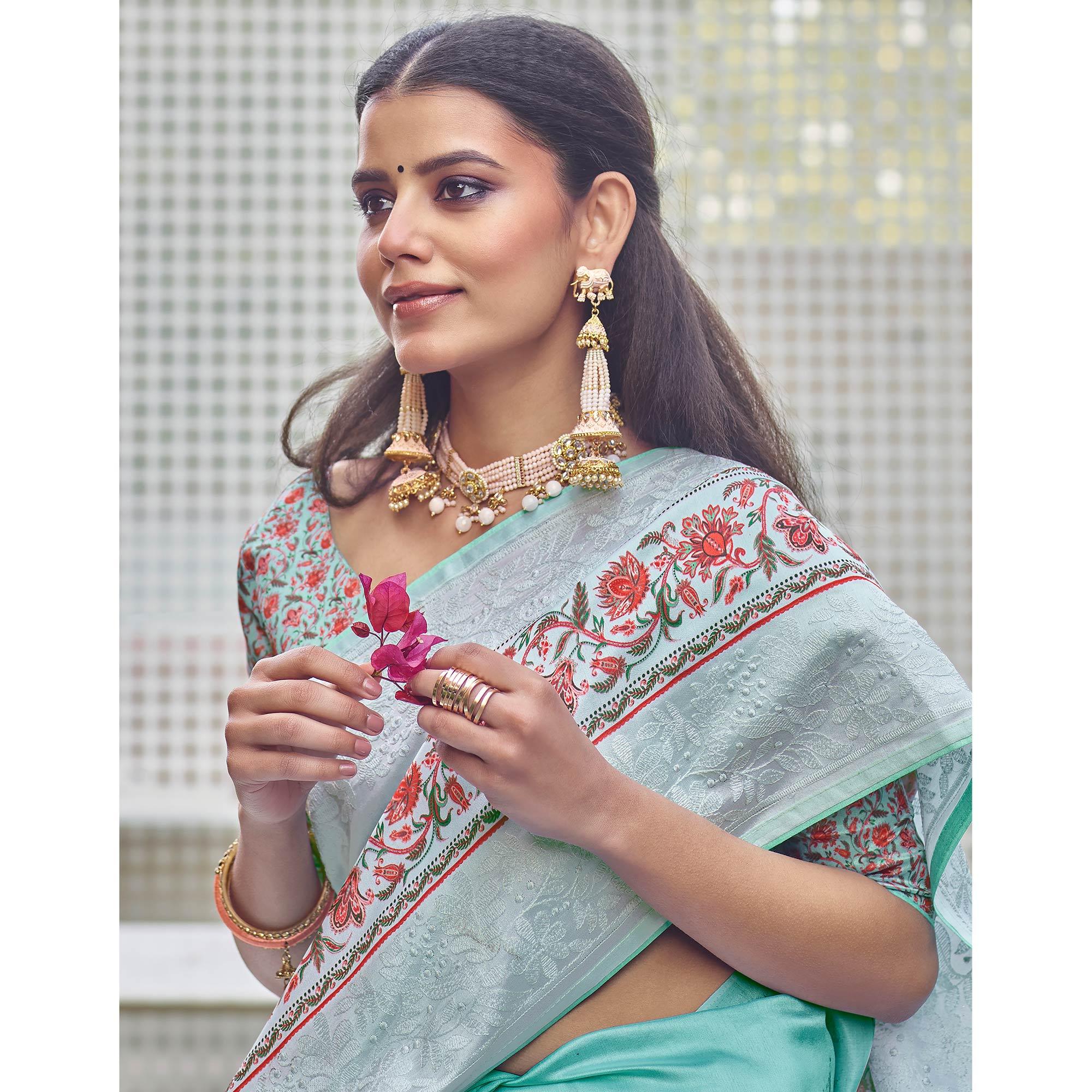 Gorgeous Turquoise Green Colored Partywear Embroidered Silk Saree - Peachmode