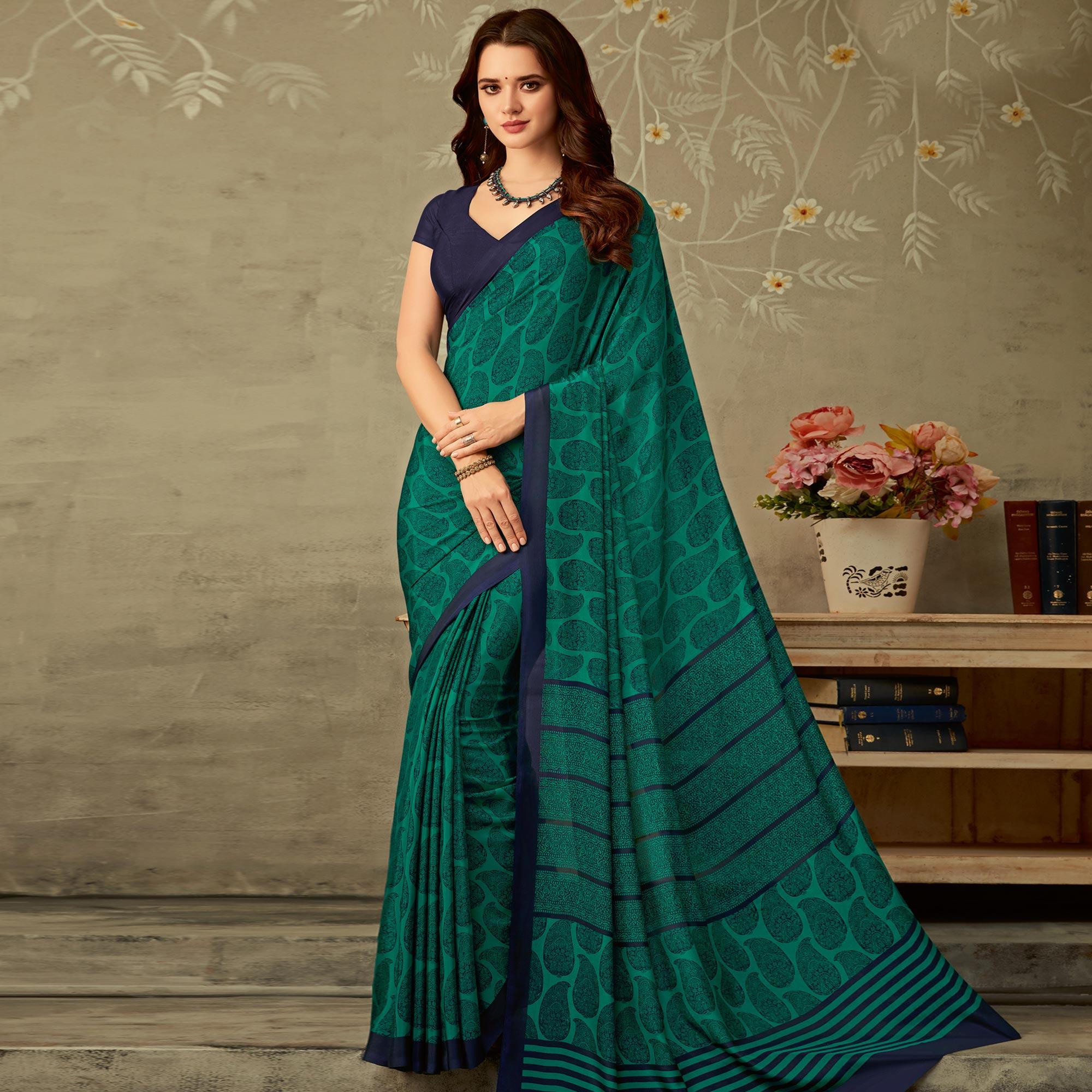 Gorgeous Turquoise Green Colored Partywear Printed Crepe Saree - Peachmode