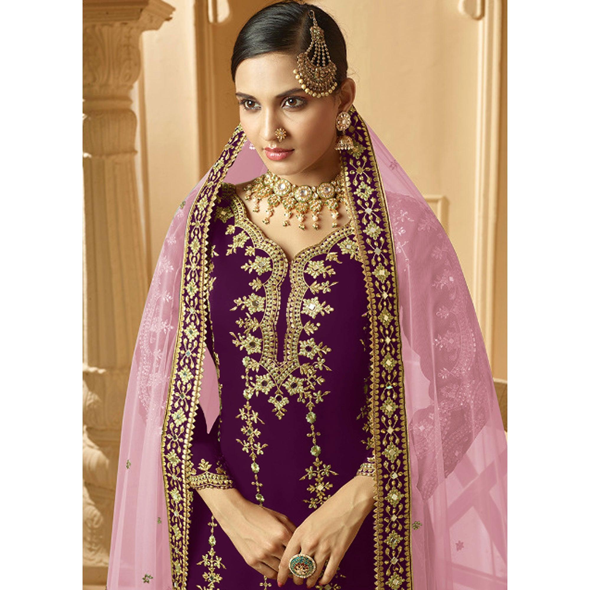 Gorgeous Violet Colored Partywear Embroidered Faux Georgette Palazzo suit - Peachmode