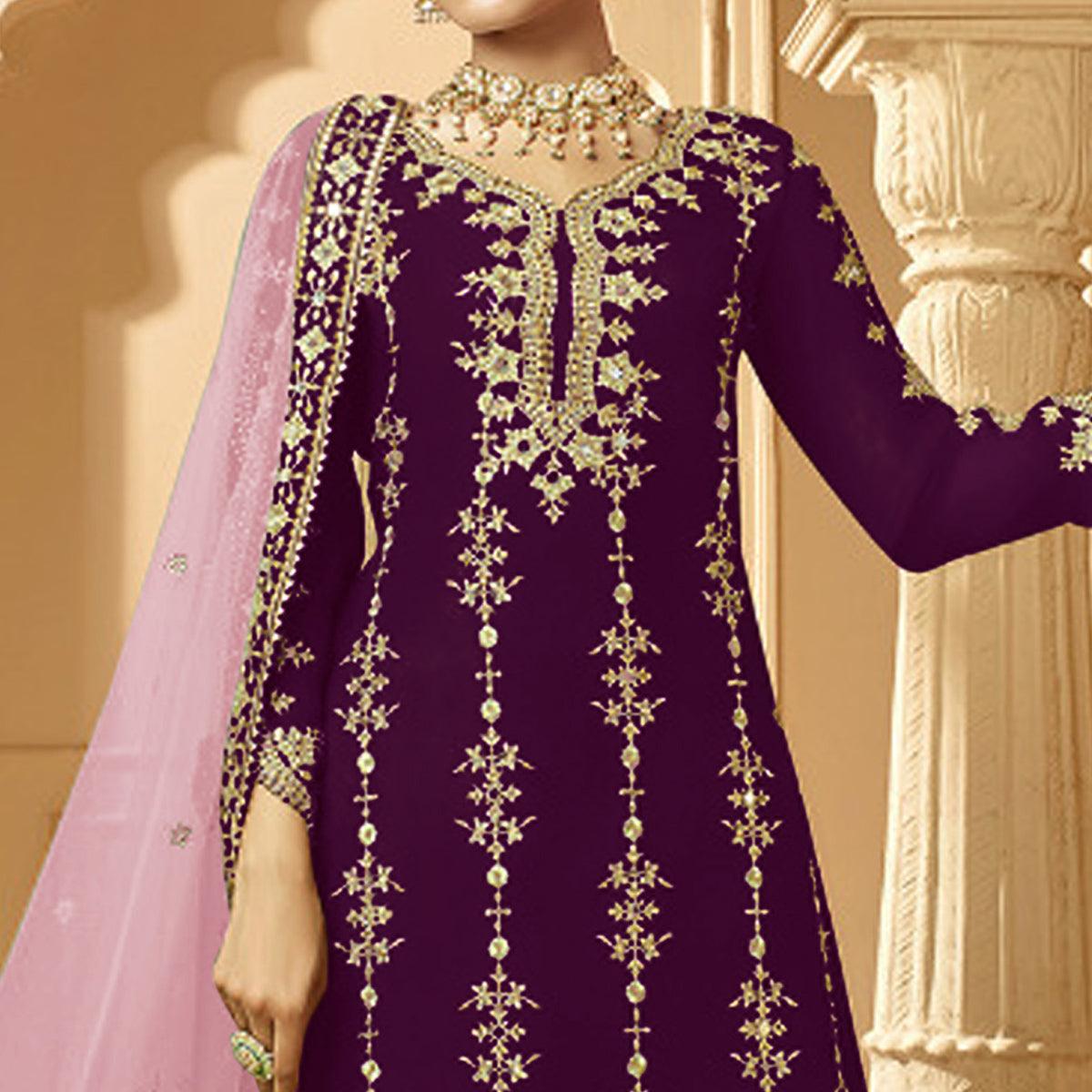 Gorgeous Violet Colored Partywear Embroidered Faux Georgette Palazzo suit - Peachmode