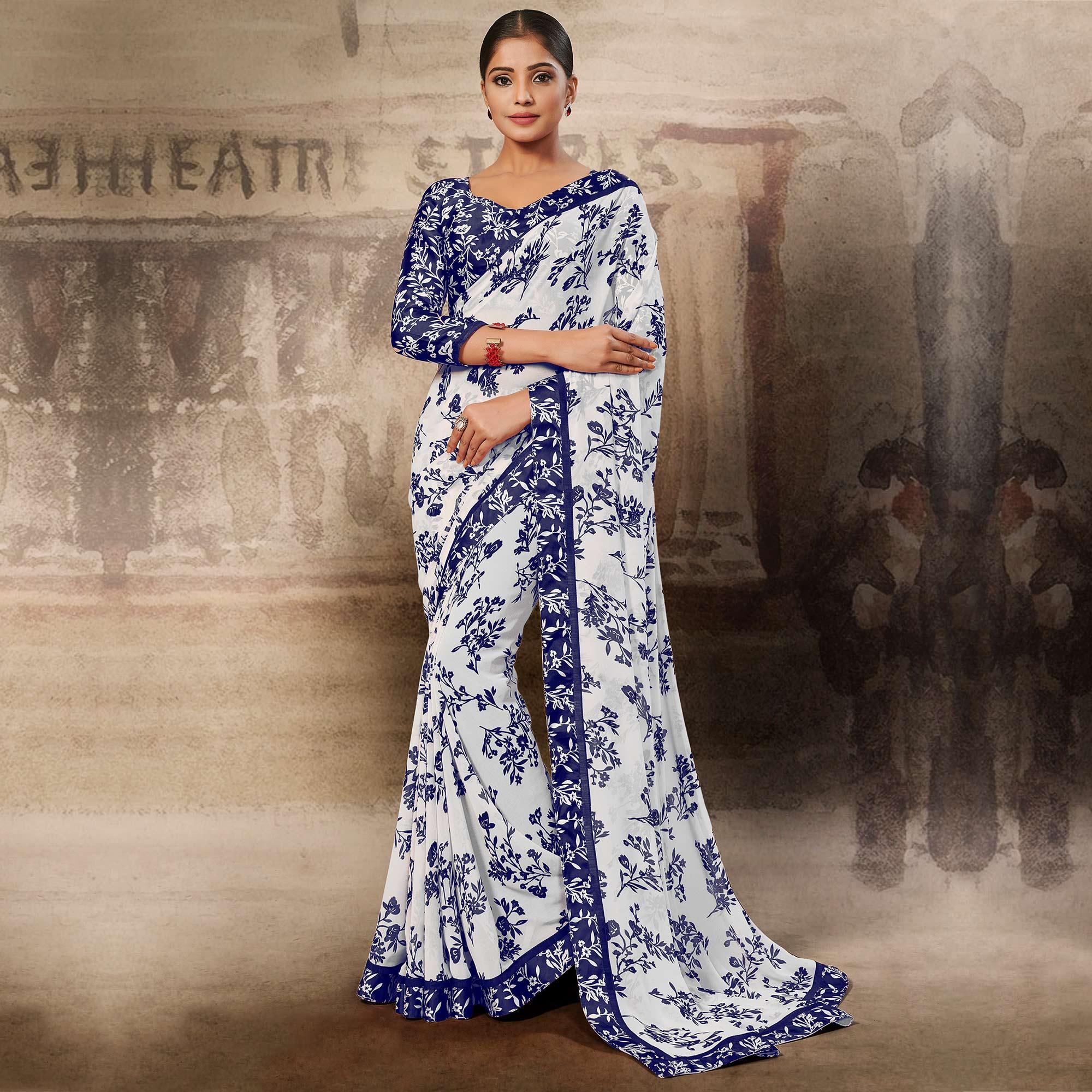 Gorgeous White-Blue Coloured Printed Casual Wear Georgette Saree - Peachmode
