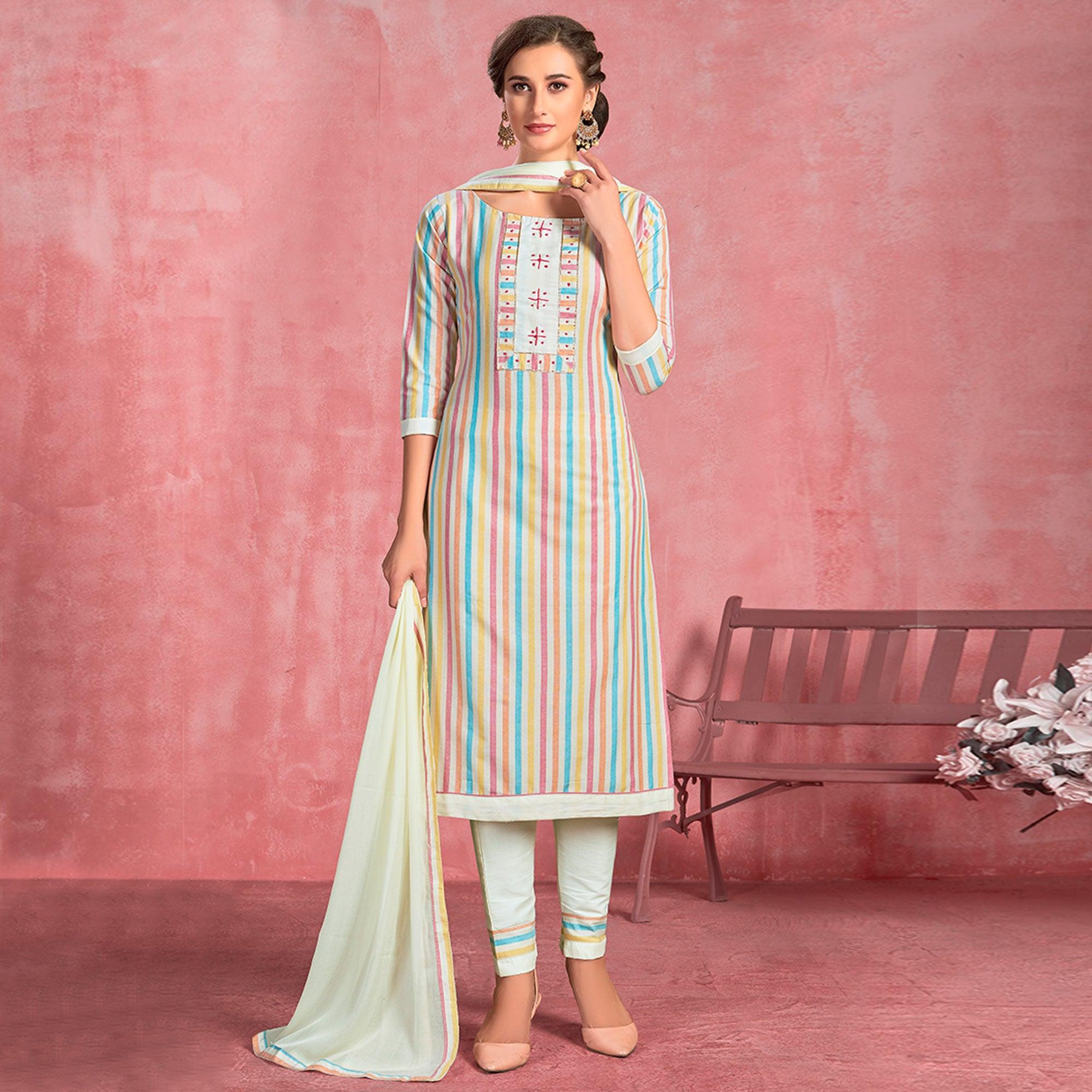 Gorgeous White-Mulit Colored Casual Embroidered Pure Cotton Dress Material - Peachmode