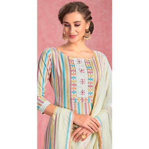 Gorgeous White-Mulit Colored Casual Embroidered Pure Cotton Dress Material - Peachmode
