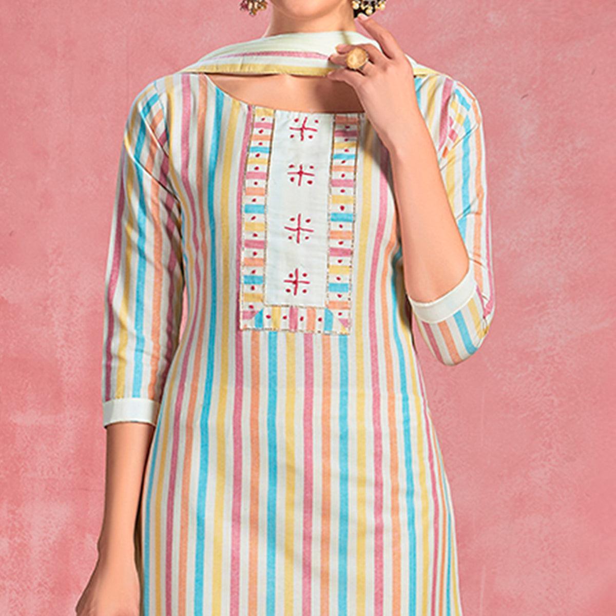 Gorgeous White-Mulit Colored Casual Embroidered Pure Cotton Dress Material - Peachmode
