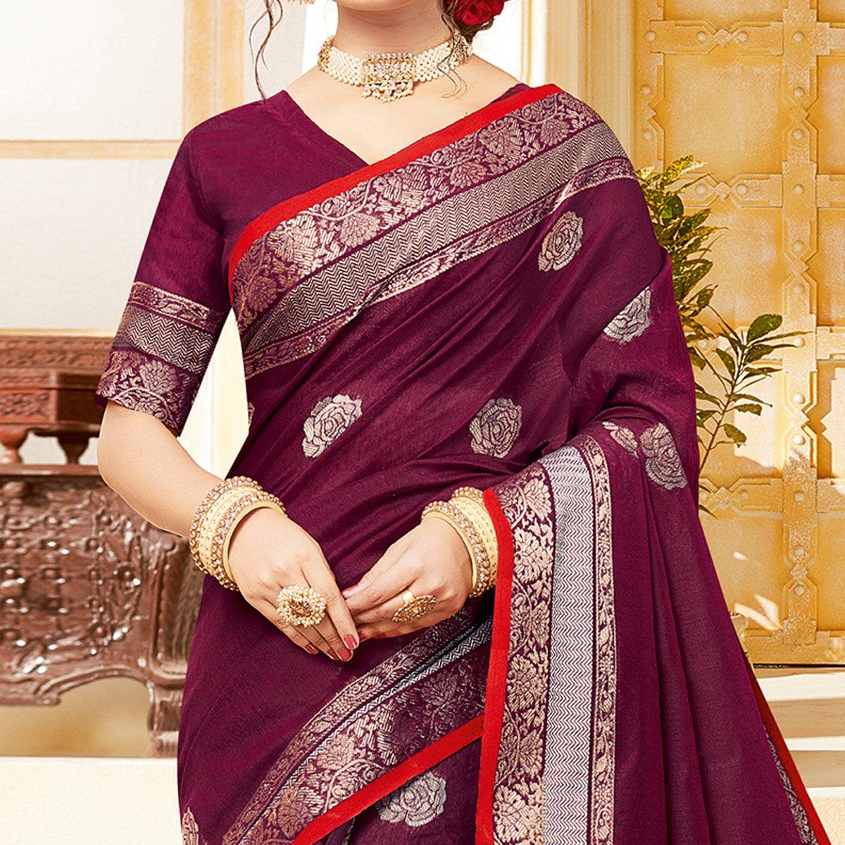 Gorgeous Wine Colored Festive Wear Woven Cotton Handloom Saree - Peachmode