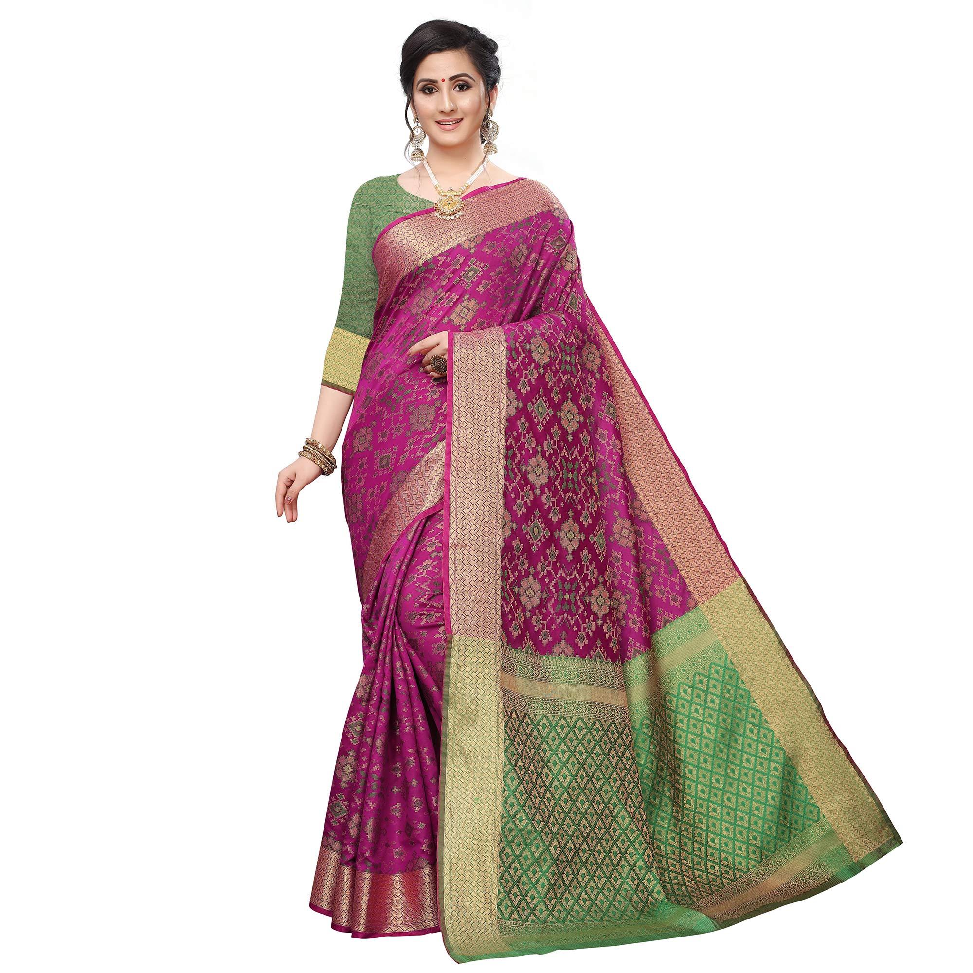 Gorgeous Wine Colored Festive Wear Woven Kanjivaram Silk Saree - Peachmode