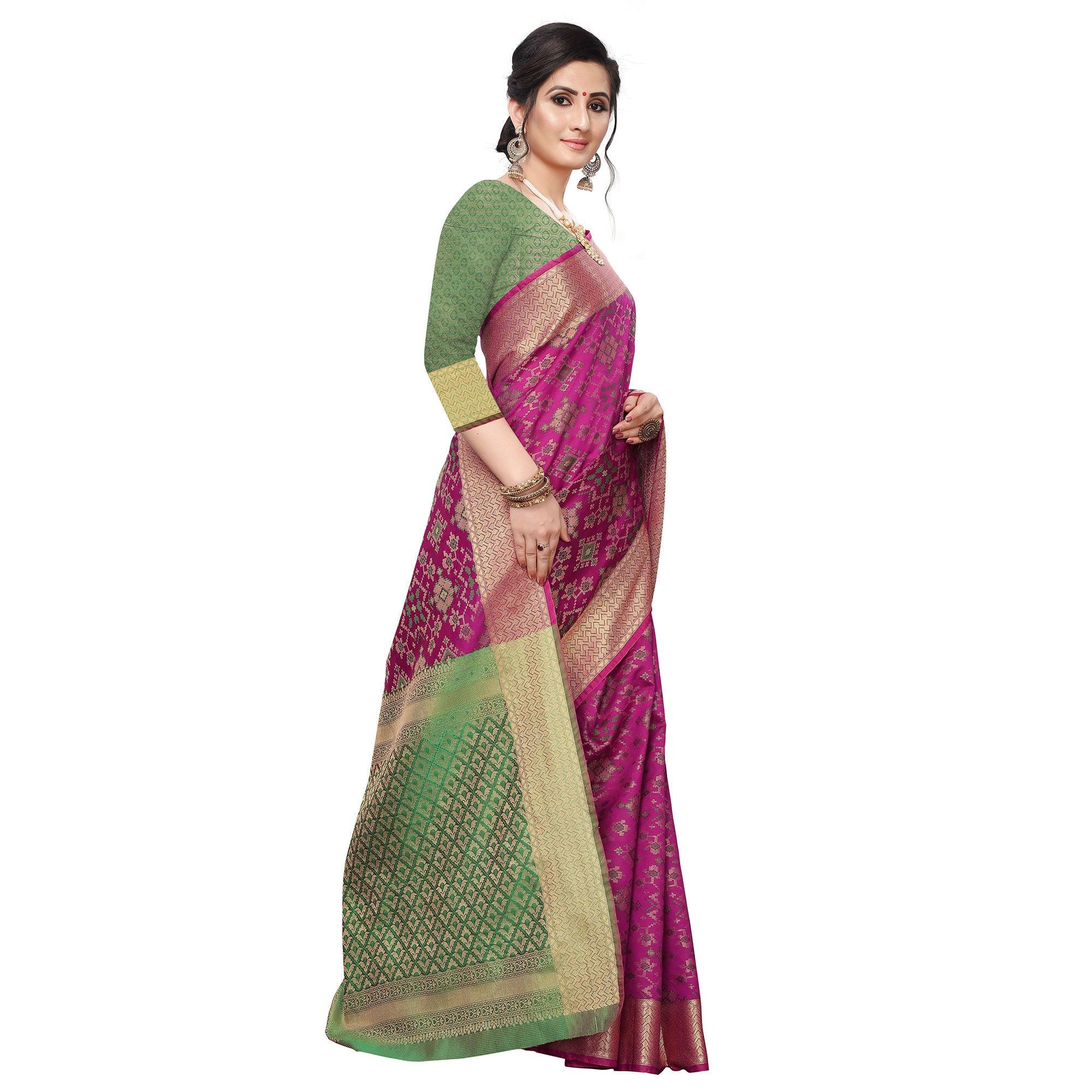 Gorgeous Wine Colored Festive Wear Woven Kanjivaram Silk Saree - Peachmode