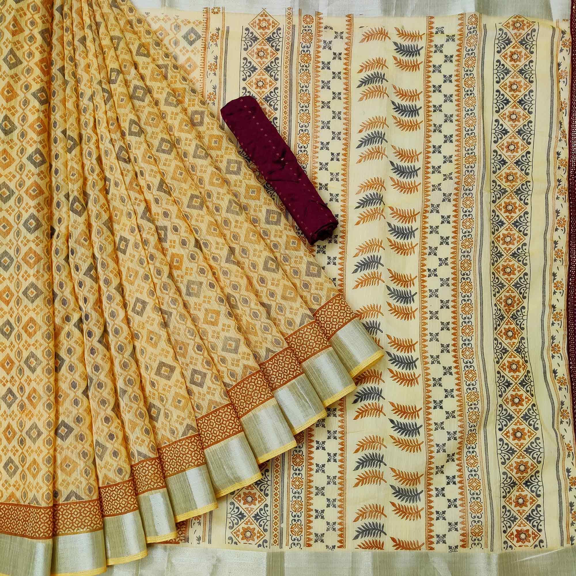 Gorgeous Yellow Colored Casual Wear Printed Cotton Saree - Peachmode