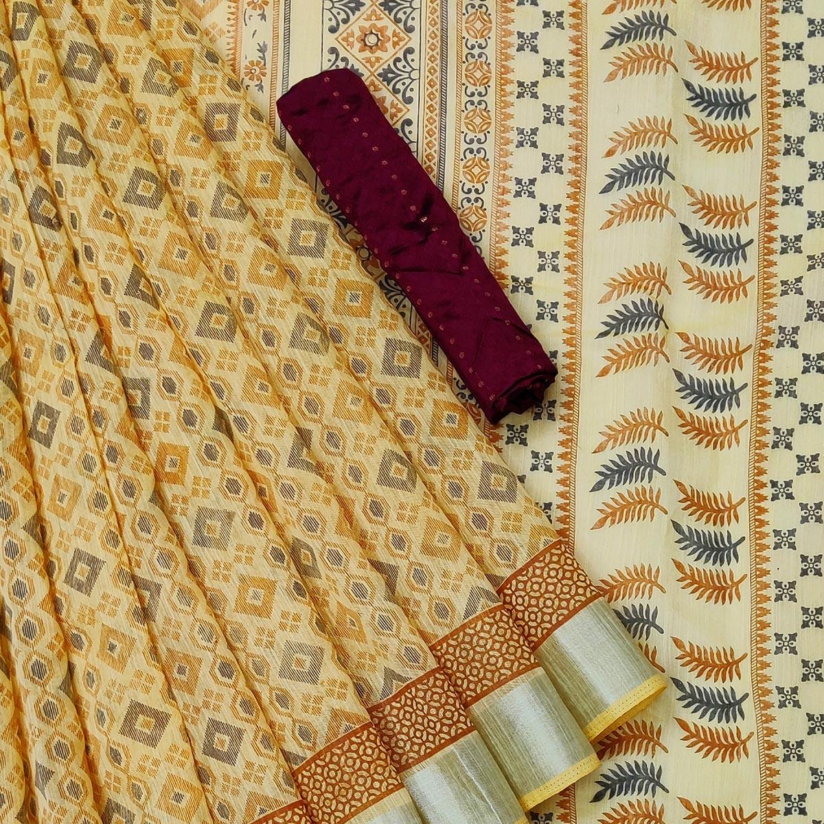Gorgeous Yellow Colored Casual Wear Printed Cotton Saree - Peachmode