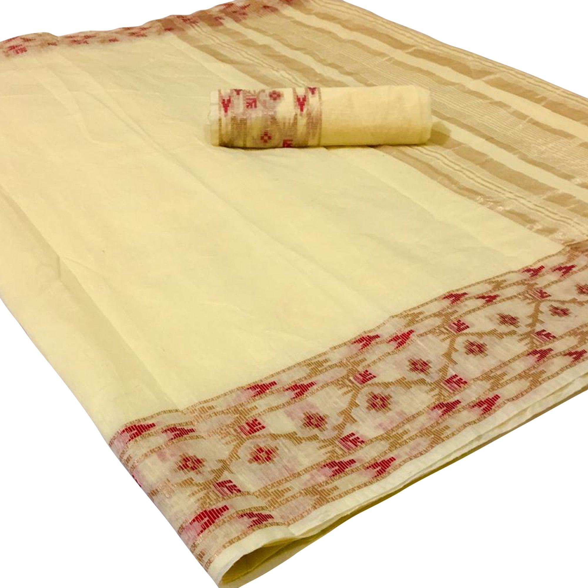 Gorgeous Yellow Colored Festive Wear Woven Linen Saree - Peachmode