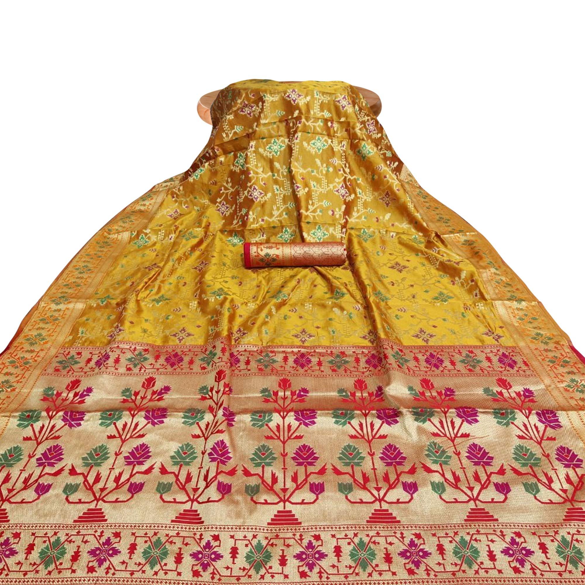 Gorgeous Yellow Colored Festive Wear Woven Silk Saree - Peachmode