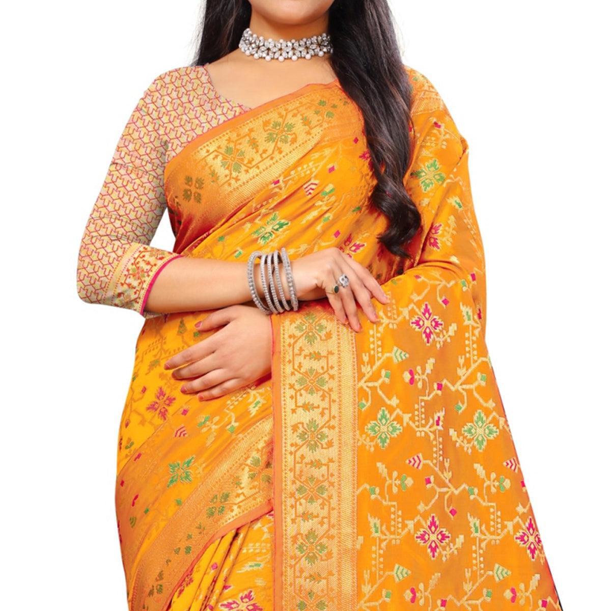 Gorgeous Yellow Colored Festive Wear Woven Silk Saree - Peachmode