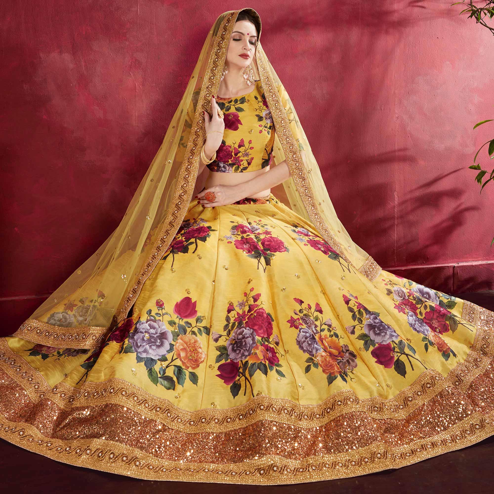 Gorgeous Yellow Colored Partywear Designer Embroidered Art Silk Lehenga Choli - Peachmode