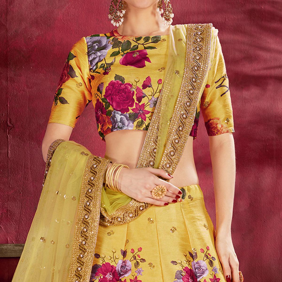 Gorgeous Yellow Colored Partywear Designer Embroidered Art Silk Lehenga Choli - Peachmode