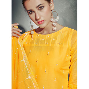 Gorgeous Yellow Colored Partywear Embroidered Cotton Kurti-Pant Set With Dupatta - Peachmode