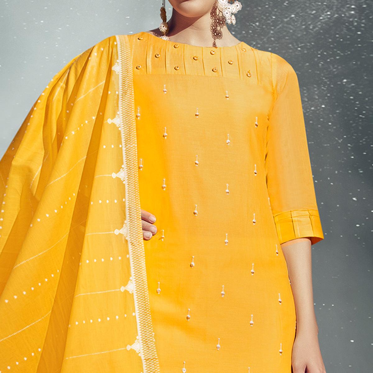 Gorgeous Yellow Colored Partywear Embroidered Cotton Kurti-Pant Set With Dupatta - Peachmode