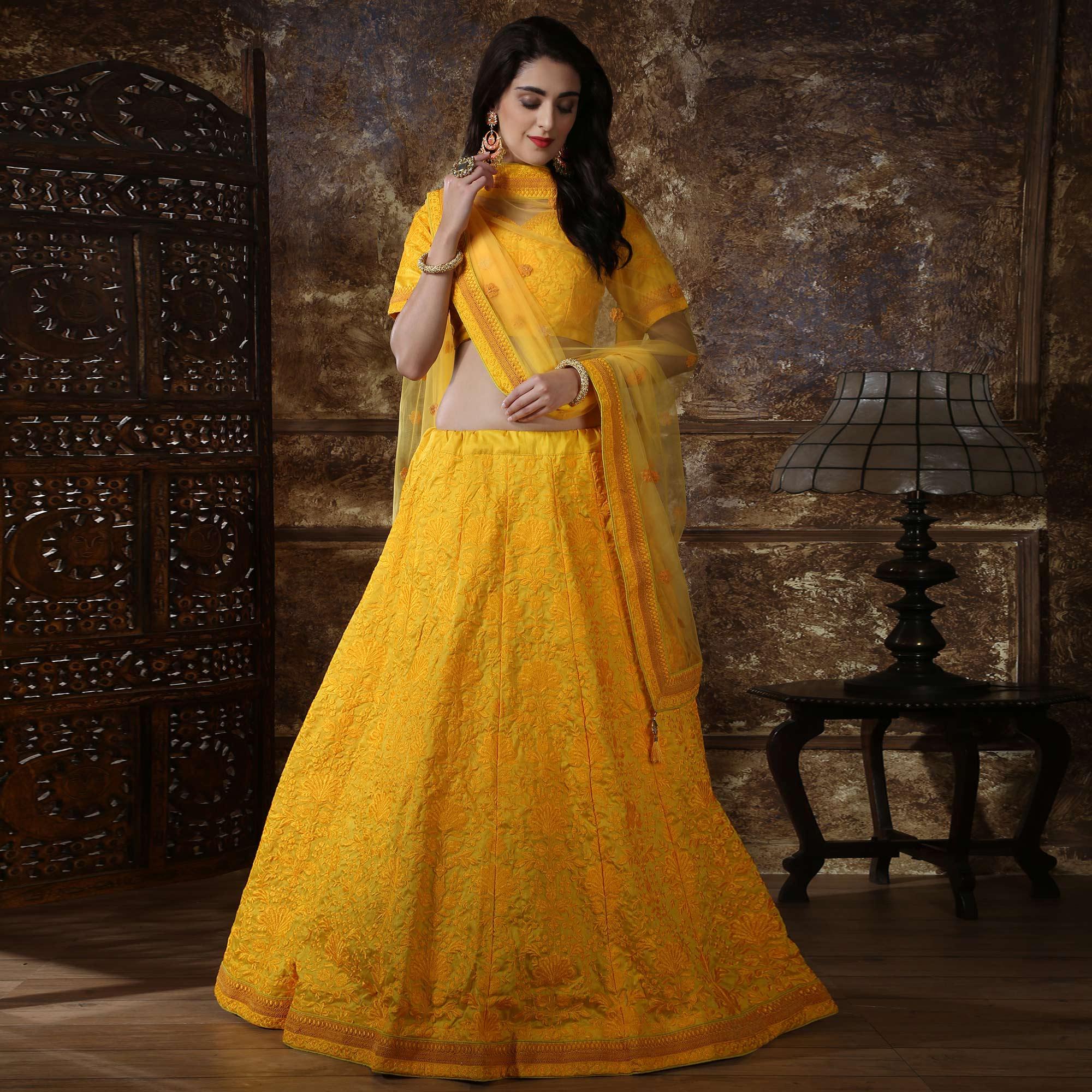 Gorgeous Yellow Colored Partywear Embroidered Silk Lehenga Choli - Peachmode