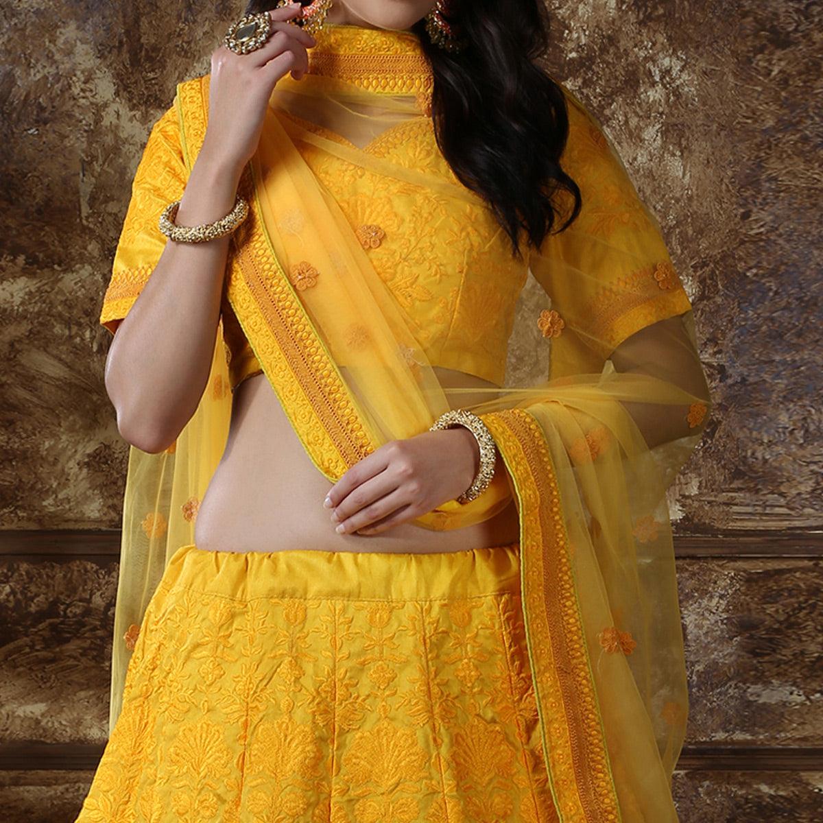 Gorgeous Yellow Colored Partywear Embroidered Silk Lehenga Choli - Peachmode