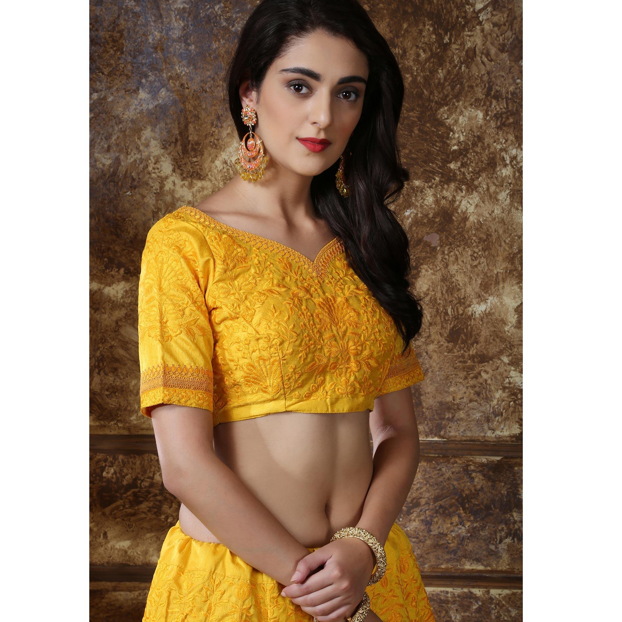 Gorgeous Yellow Colored Partywear Embroidered Silk Lehenga Choli - Peachmode