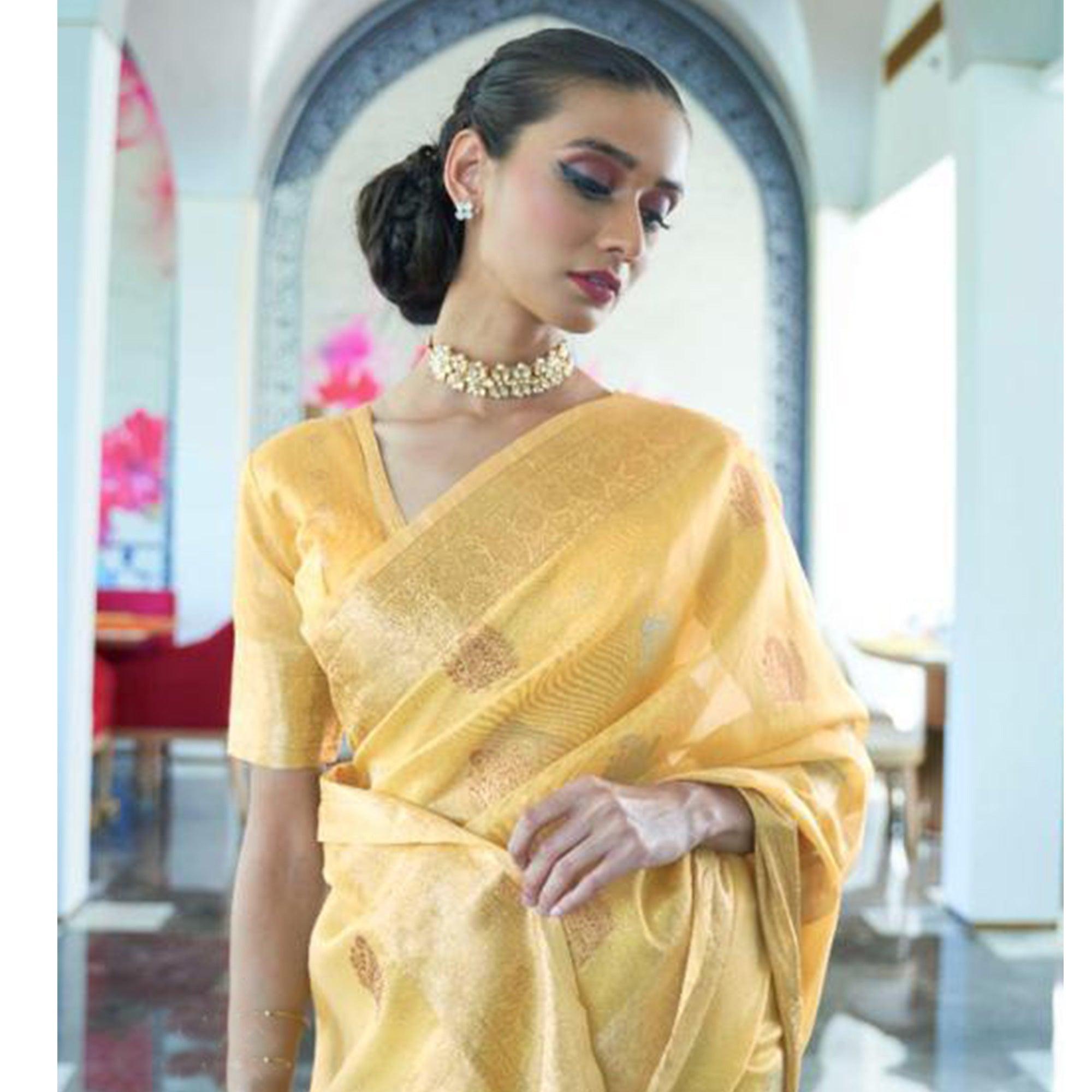 Gorgeous Yellow Coloured Partywear Organza weaving Saree - Peachmode