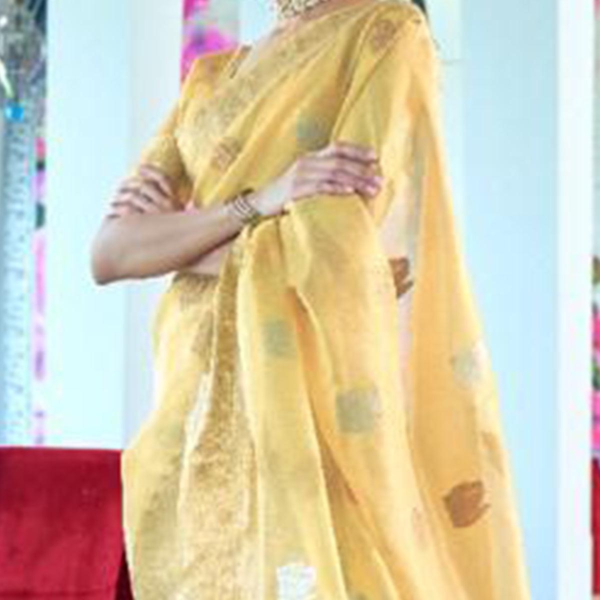 Gorgeous Yellow Coloured Partywear Organza weaving Saree - Peachmode