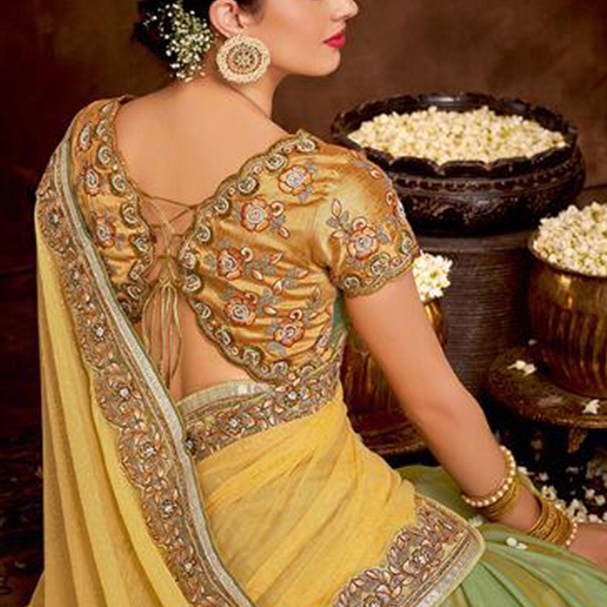 Gorgeous Yellow-Green Colored Partywear Embroidered Georgette Saree - Peachmode