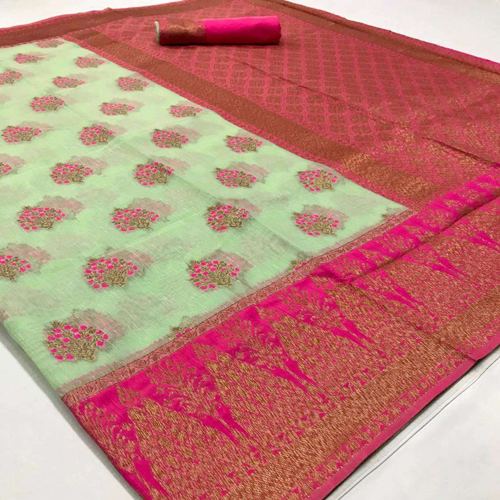 Graceful Aqua Green Colored Festive Wear Woven Linen Saree - Peachmode