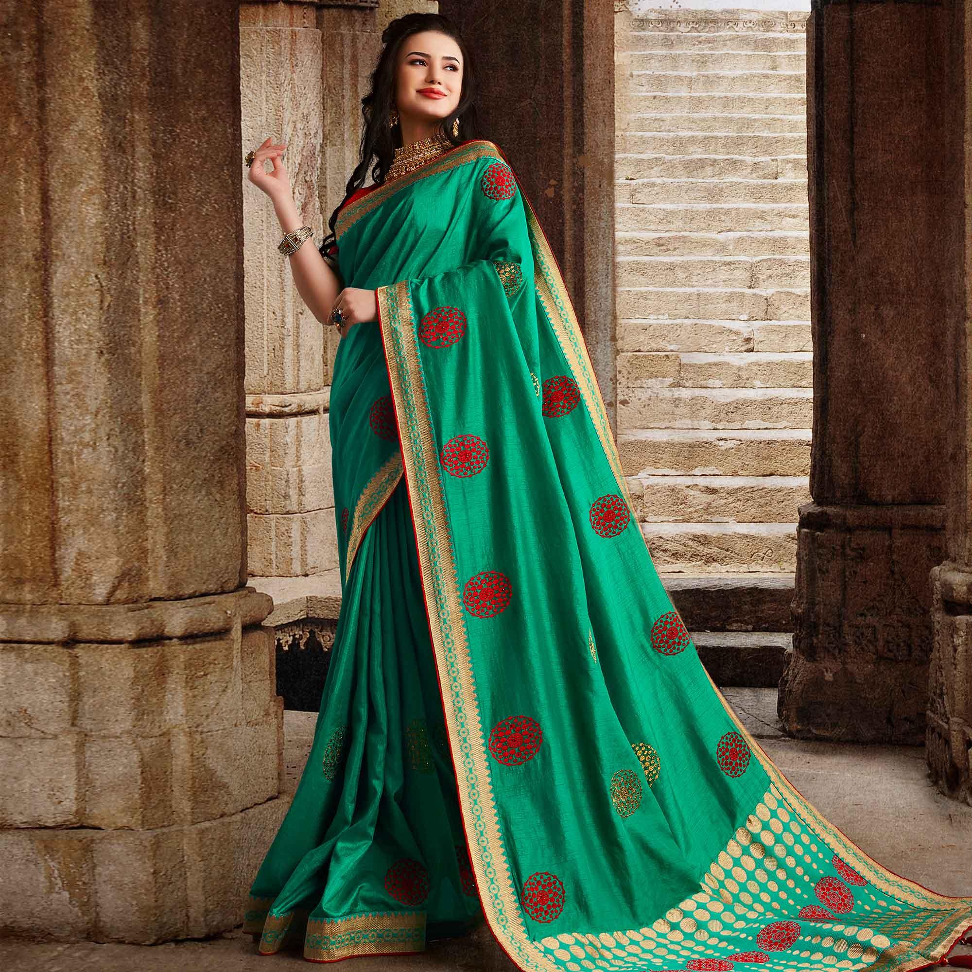 Graceful Aqua Green Colored Partywear Embroidered Silk Saree - Peachmode