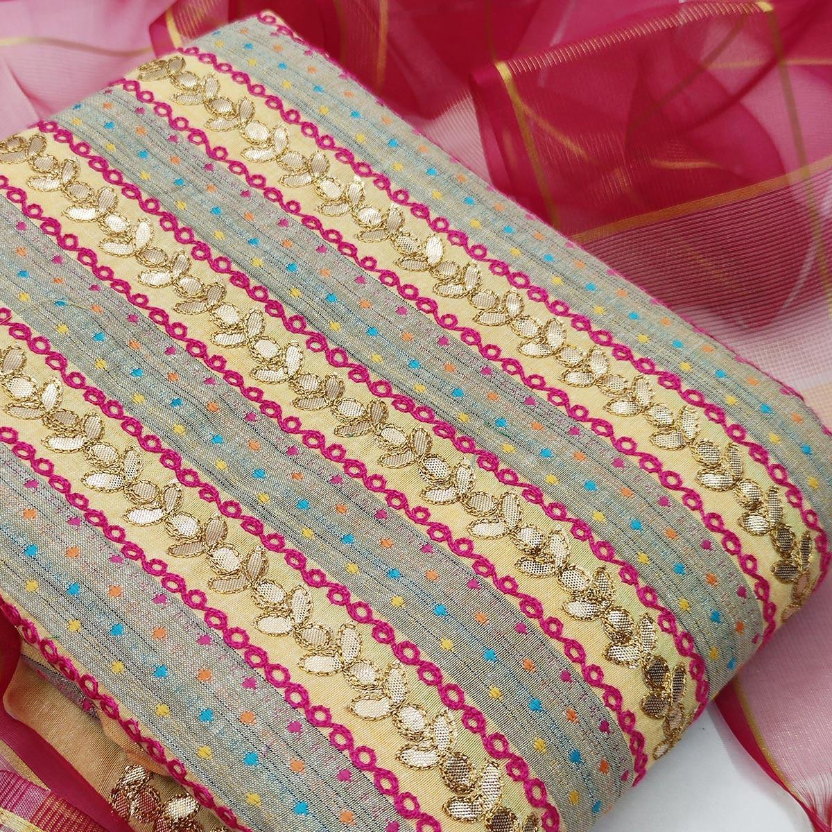 Graceful Beige Colored Casual Embroidered Cotton Dress Material - Peachmode