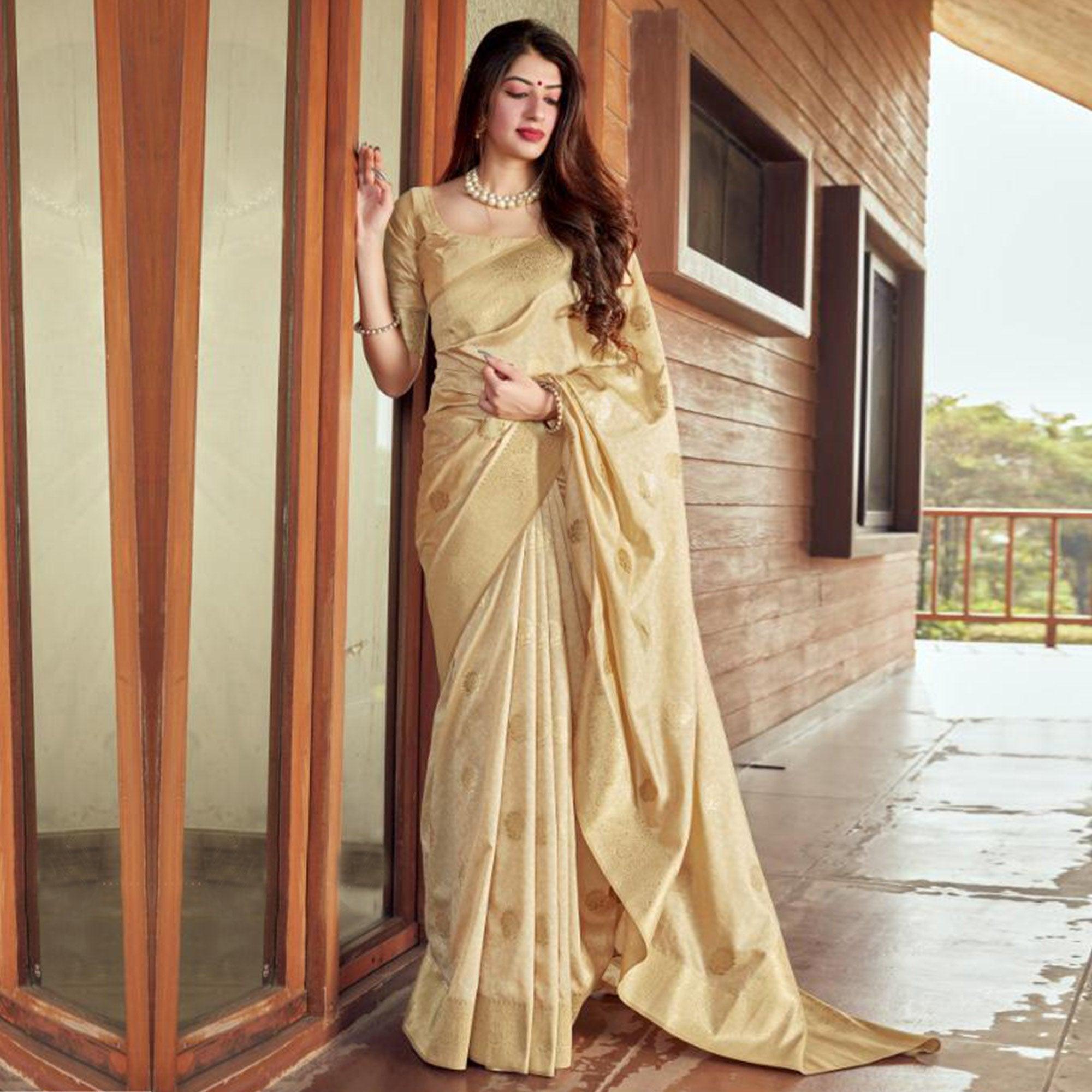 Graceful Beige Coloured Partywear Woven Silk Saree - Peachmode