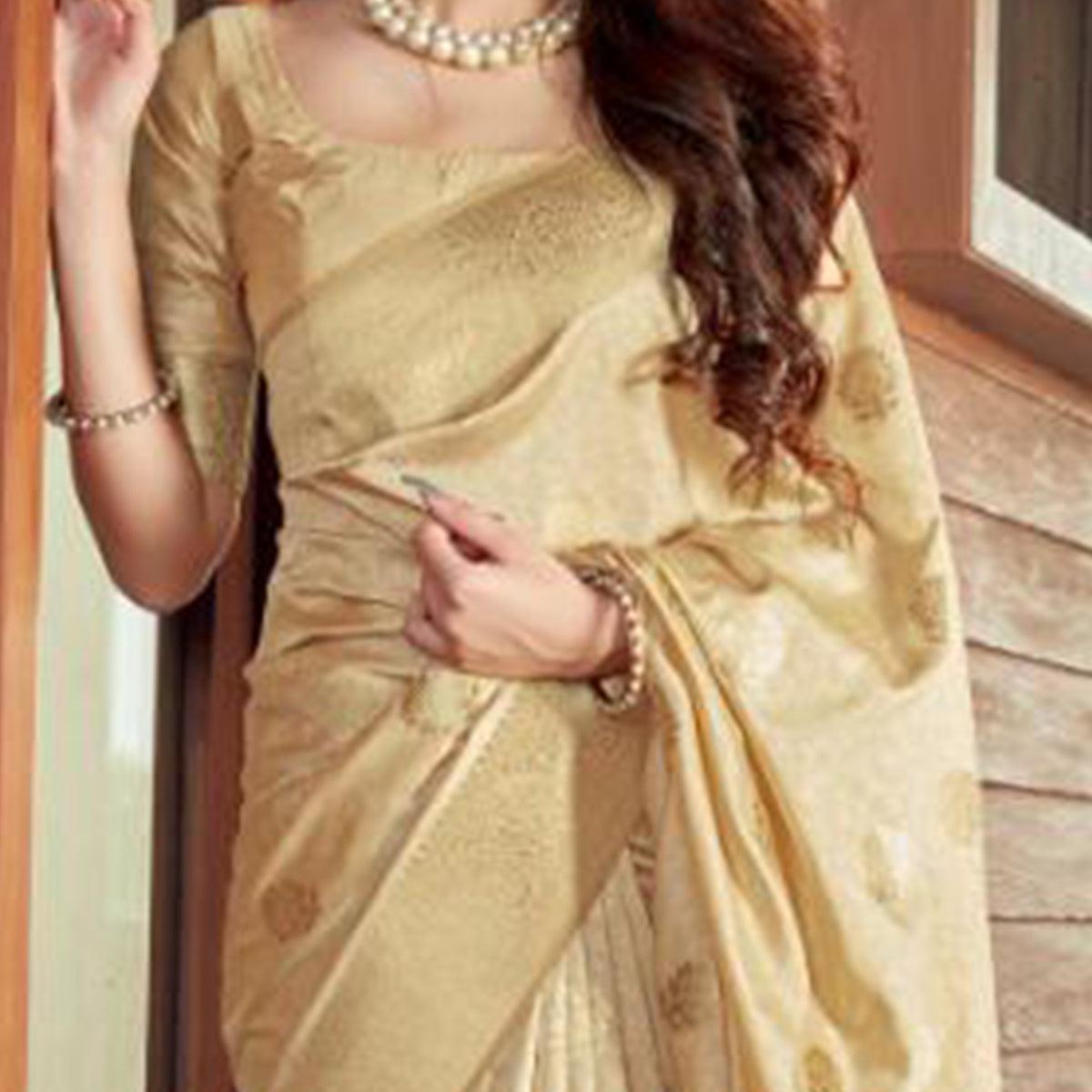 Graceful Beige Coloured Partywear Woven Silk Saree - Peachmode