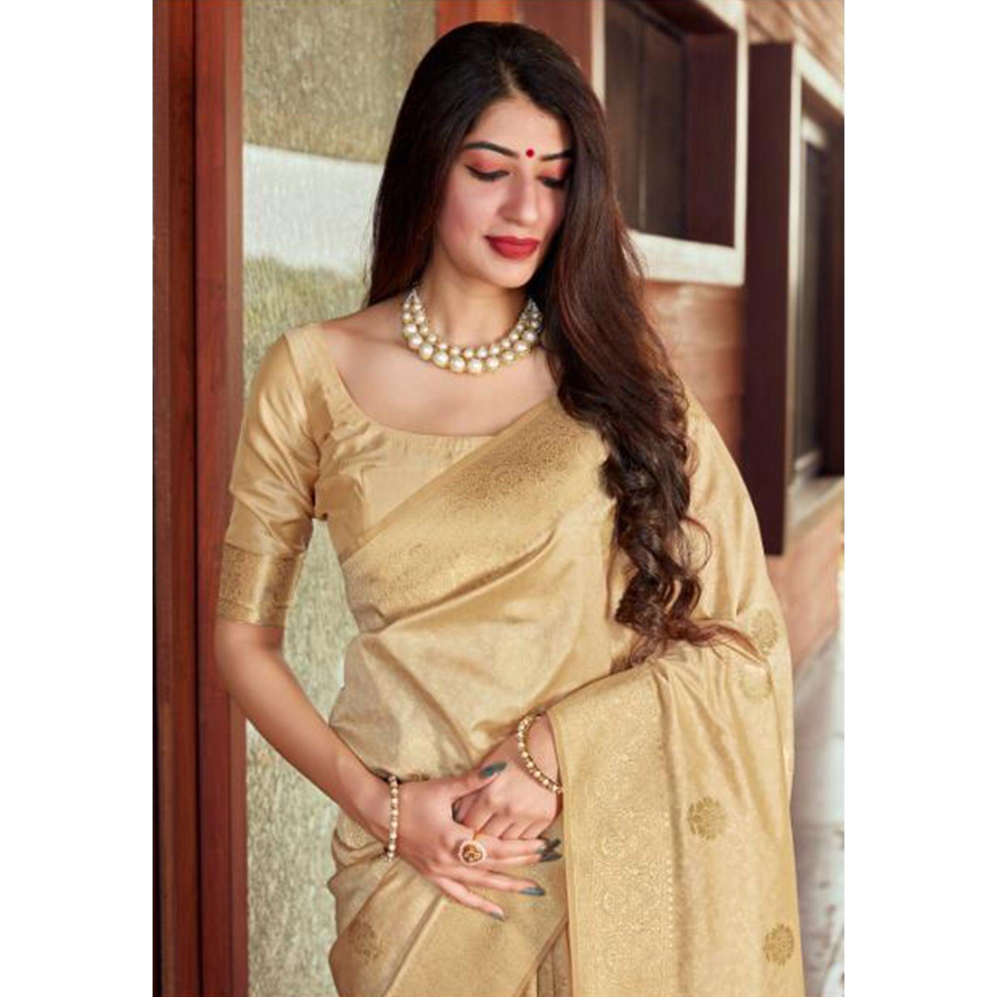 Graceful Beige Coloured Partywear Woven Silk Saree - Peachmode