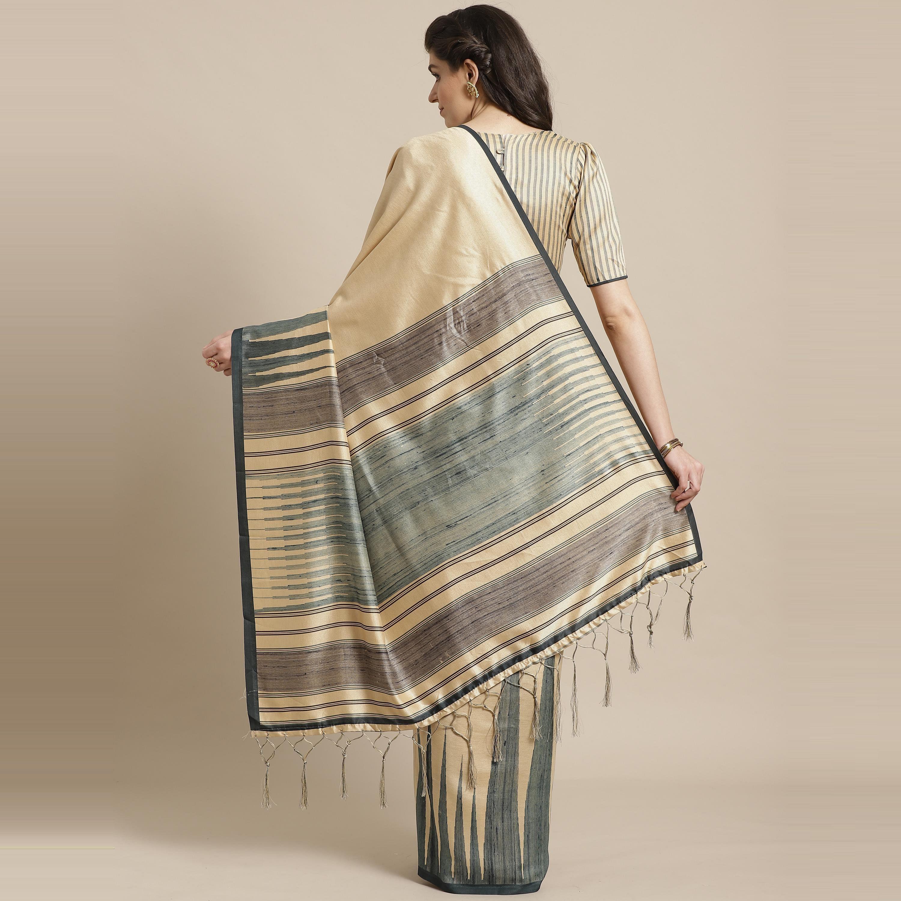 Graceful Beige - Green Colored Casual Wear Printed Silk Blend Saree - Peachmode