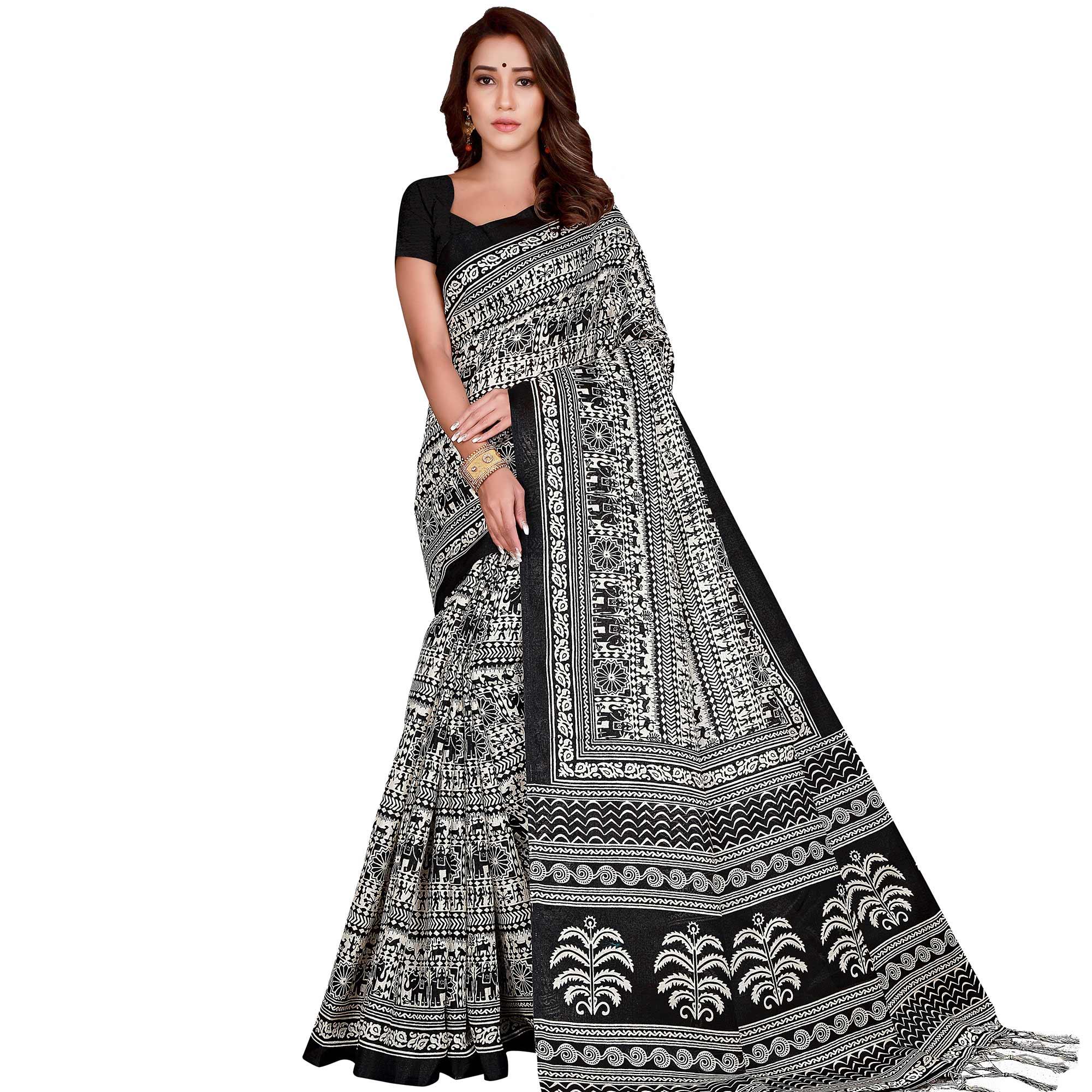 Graceful Black Colored Casual Wear Printed Art Silk Saree With Tassels - Peachmode