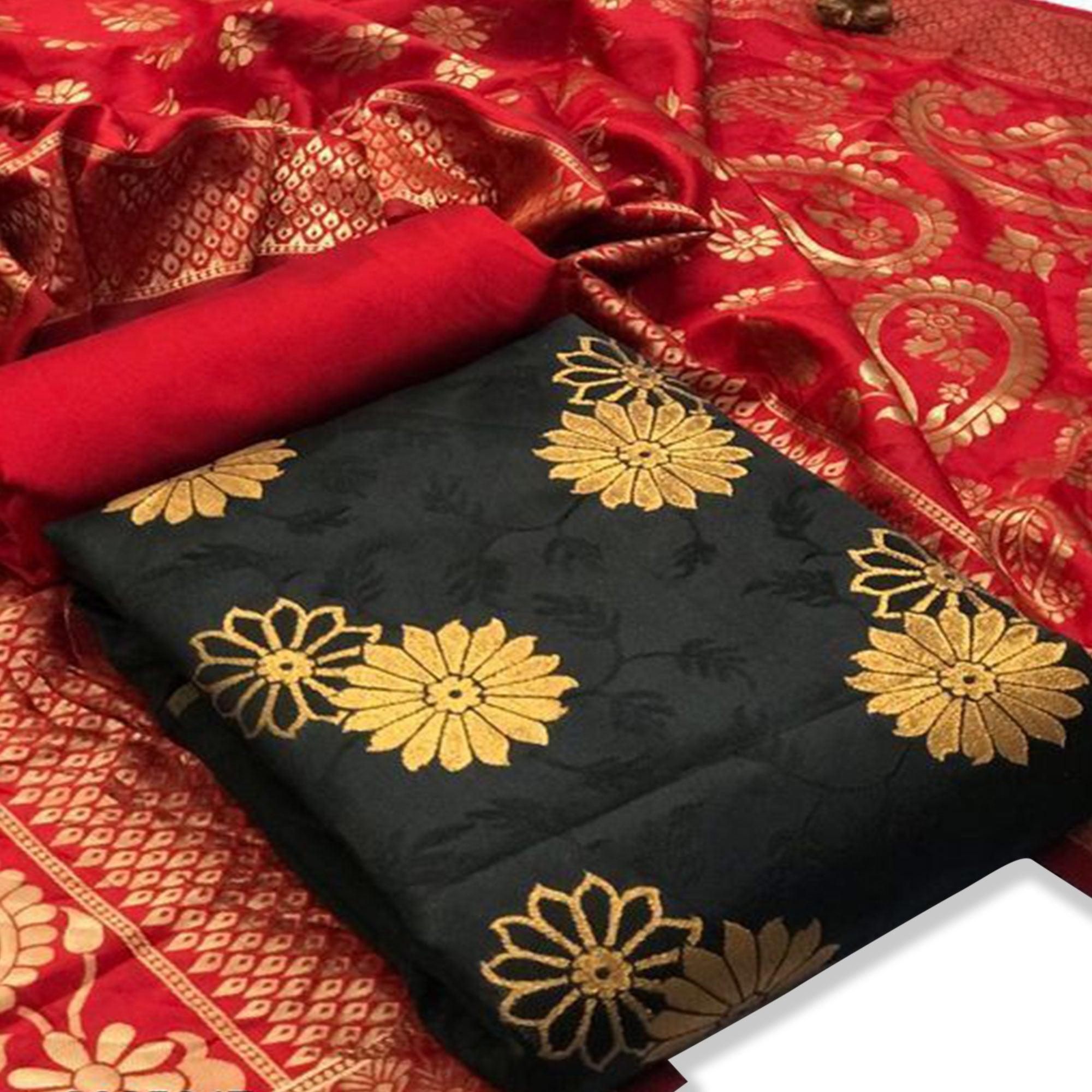 Graceful Black Colored Casual Wear Woven Banarasi Silk Dress Material - Peachmode