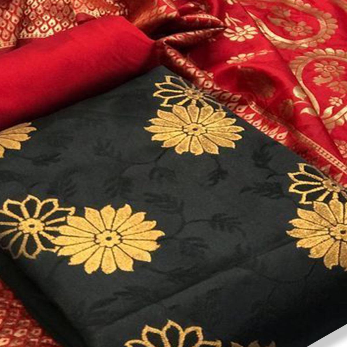 Graceful Black Colored Casual Wear Woven Banarasi Silk Dress Material - Peachmode