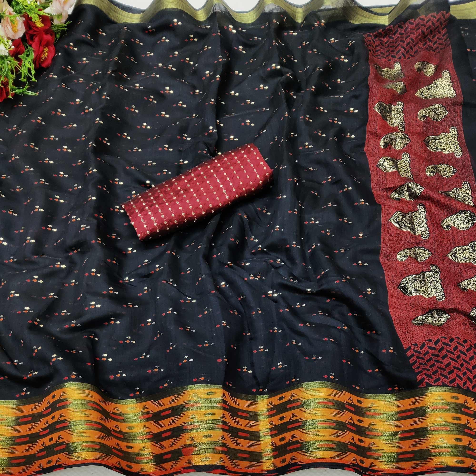 Graceful Black Colored Festive Wear Foil Printed Cotton Silk Saree - Peachmode