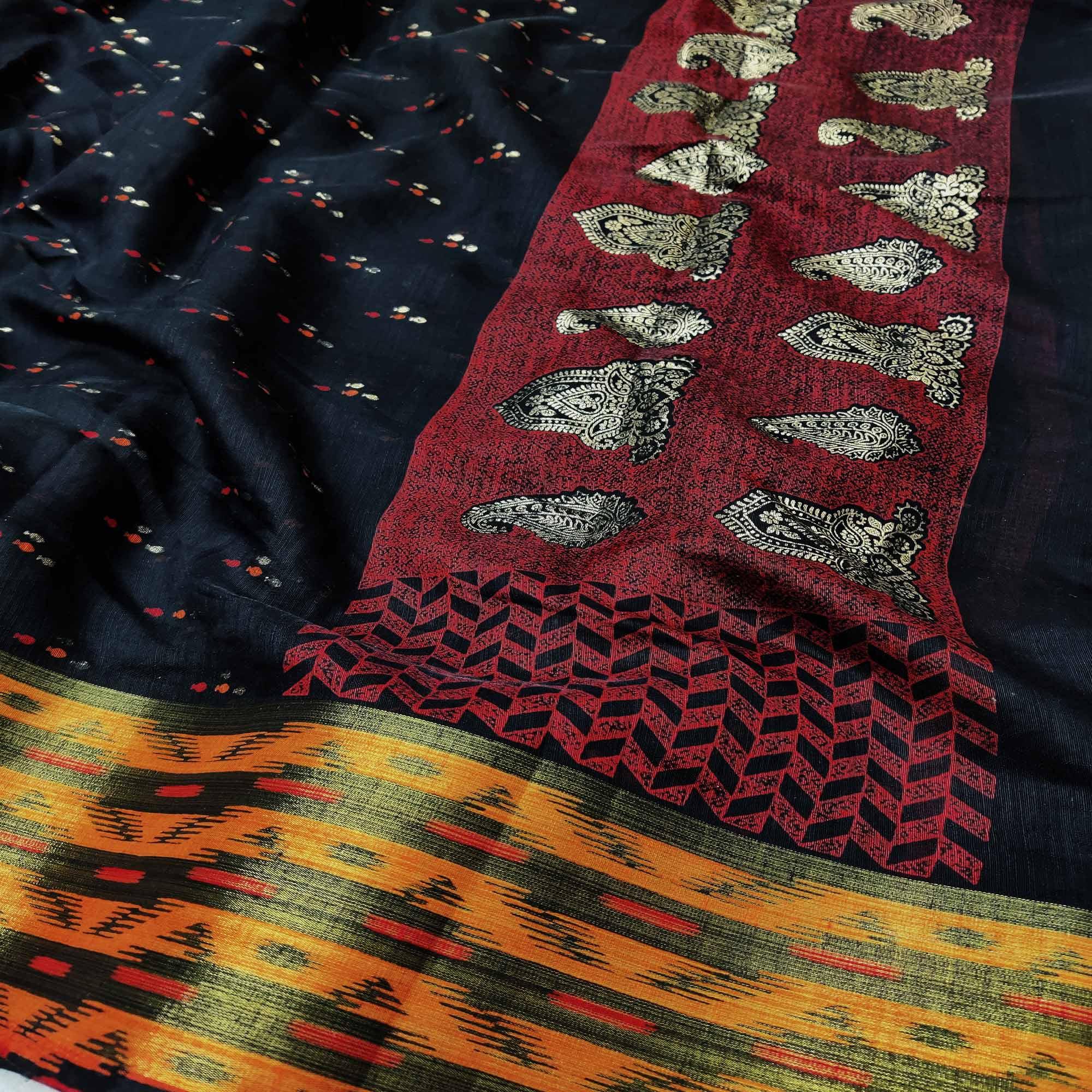 Graceful Black Colored Festive Wear Foil Printed Cotton Silk Saree - Peachmode