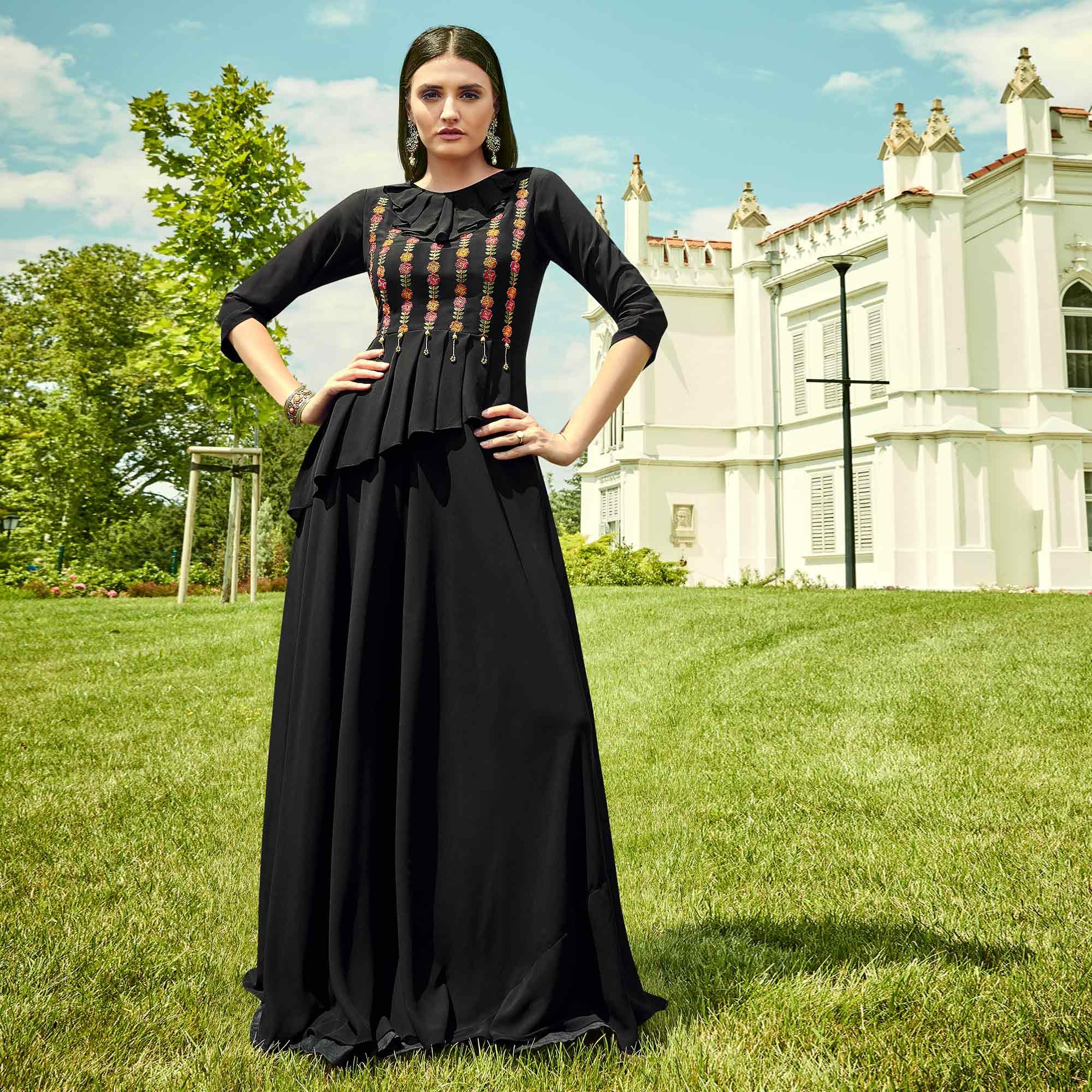 Graceful Black Colored Party Wear Floral Embroidered Georgette Gown - Peachmode