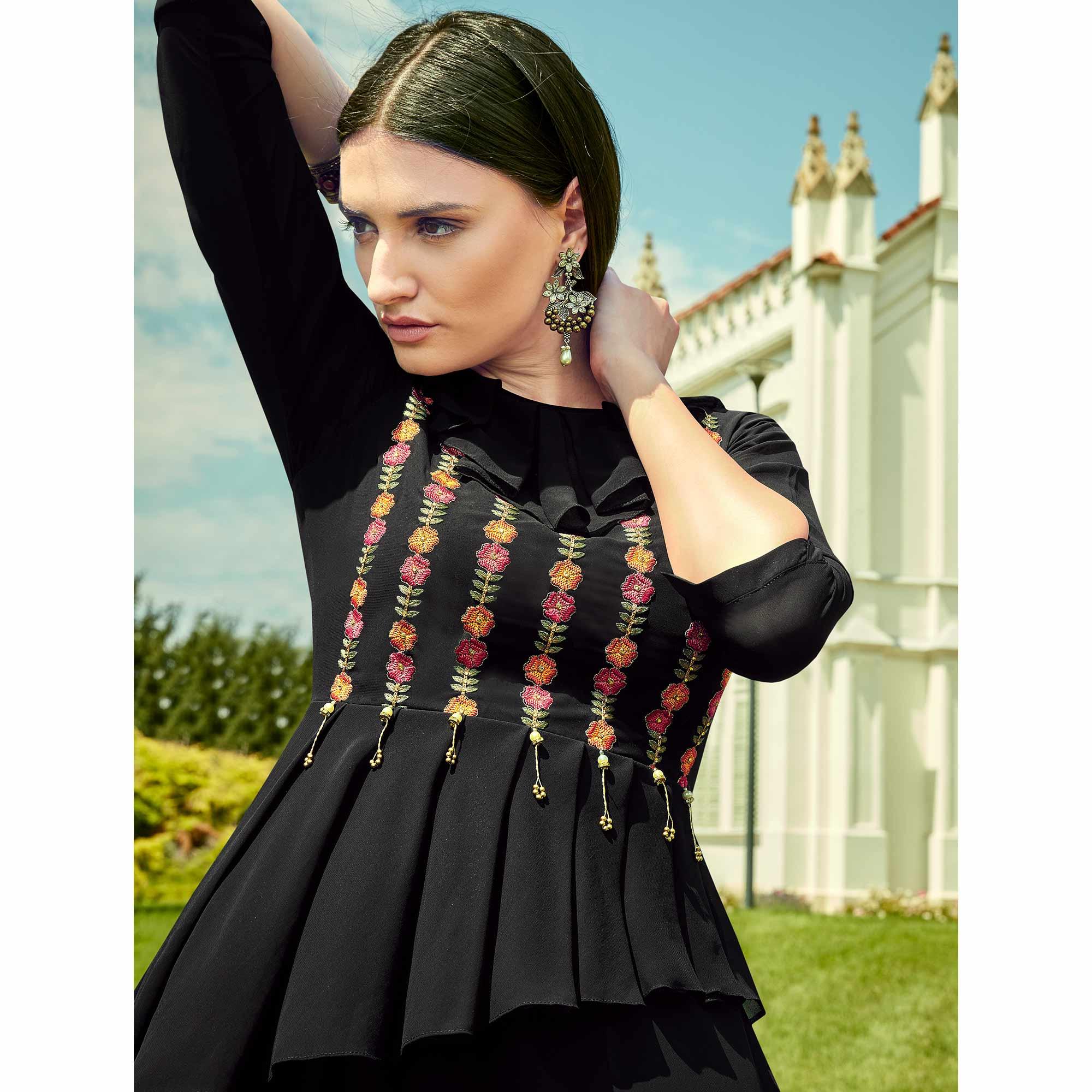 Graceful Black Colored Party Wear Floral Embroidered Georgette Gown - Peachmode