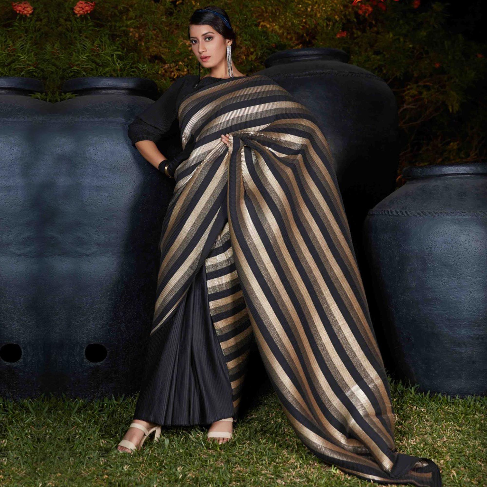 Graceful Black Colored Party Wear Foil Print With Plitting Half- Half Silk Saree - Peachmode
