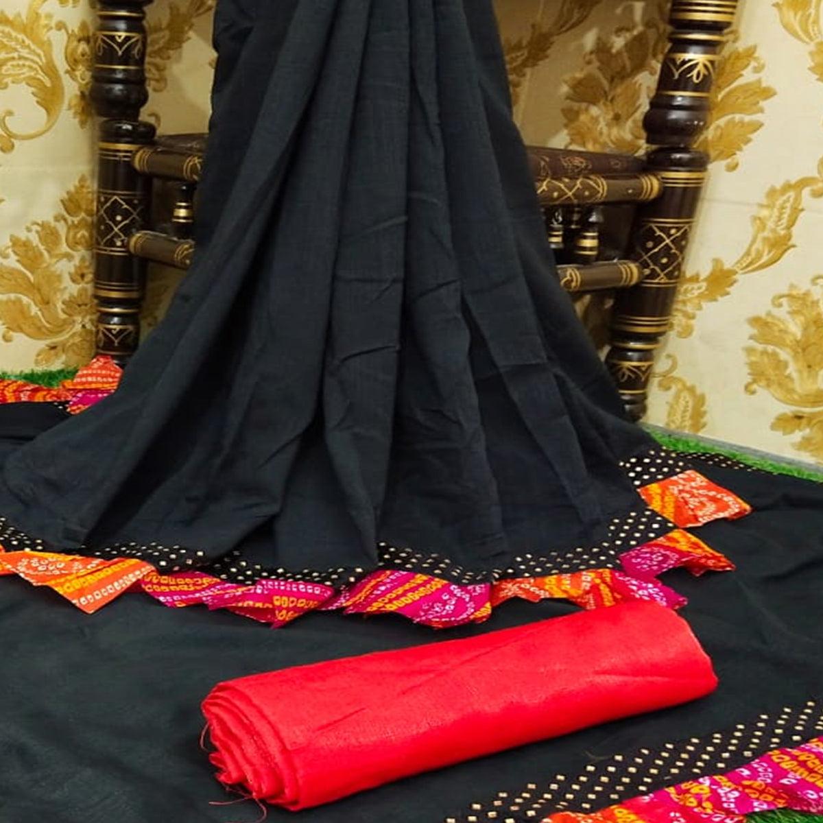 Graceful Black Colored Partywear Solid Vichitra Silk Saree With Bandhani Print Ruffle - Peachmode